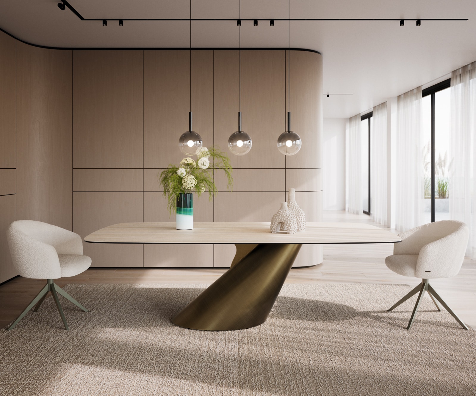 Eettafel Edge Boot 240x120 keramiek  Travertin natuur Cono metaal goud 2