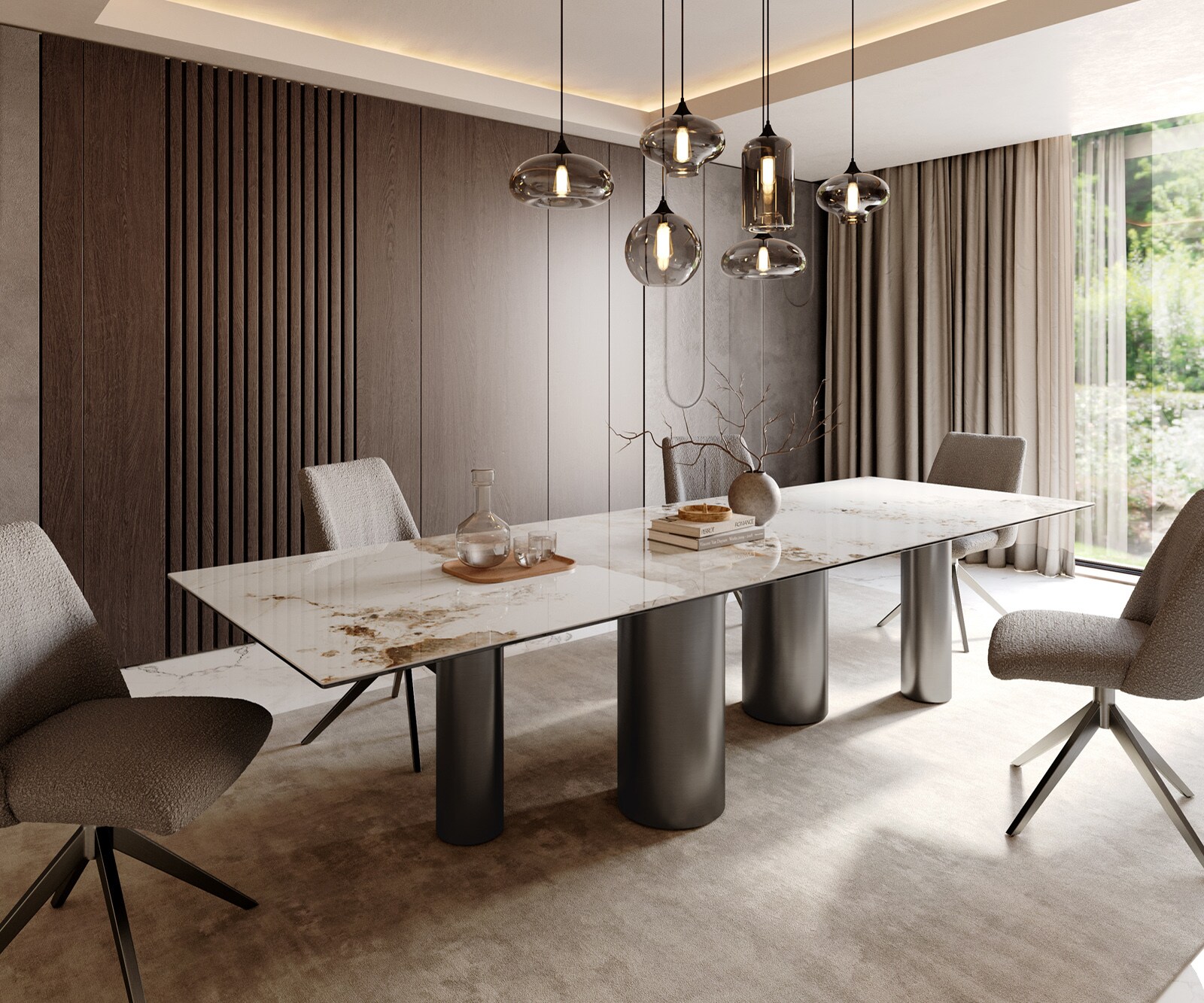 Eetkamertafel Edge 300x100 keramiek Minas Melange wit-Beige Pilier roestvrij staal grafiet