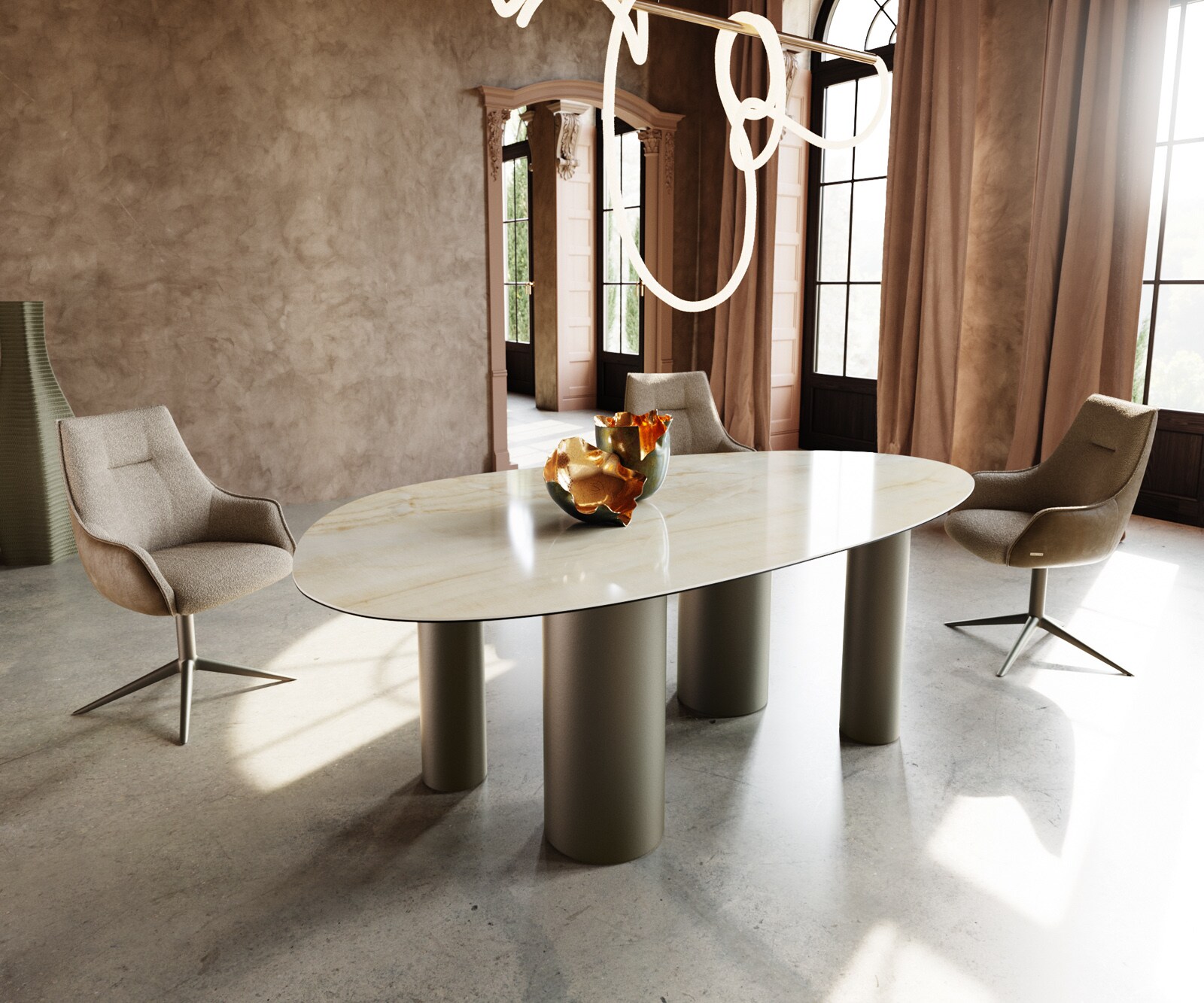 Eetkamertafel Edge ovaal 220x120 keramiek Iris FMG Onice Oro Pilier metaal effectafwerking titaan
