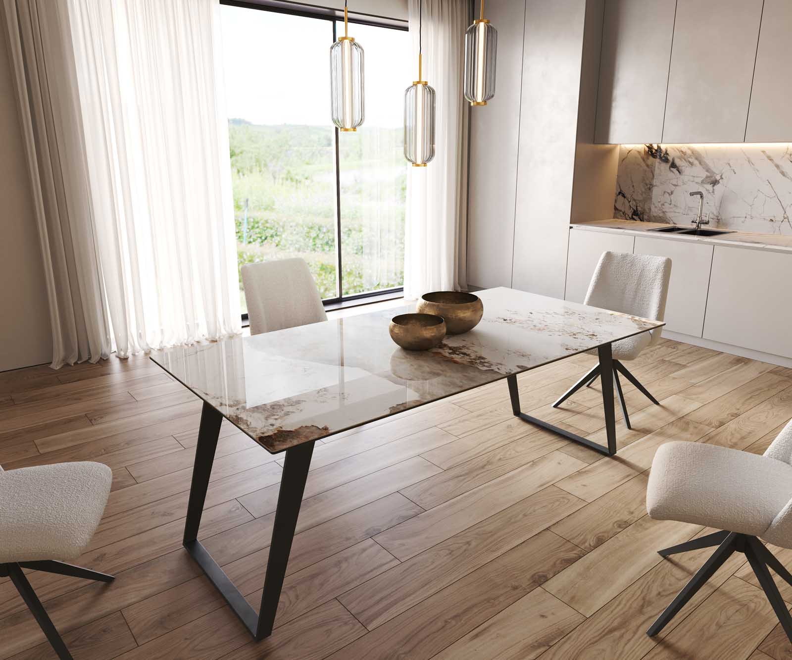 Eetkamertafel Edge 200x100 keramiek Minas Melange wit-beige metaal schuin zwart 1