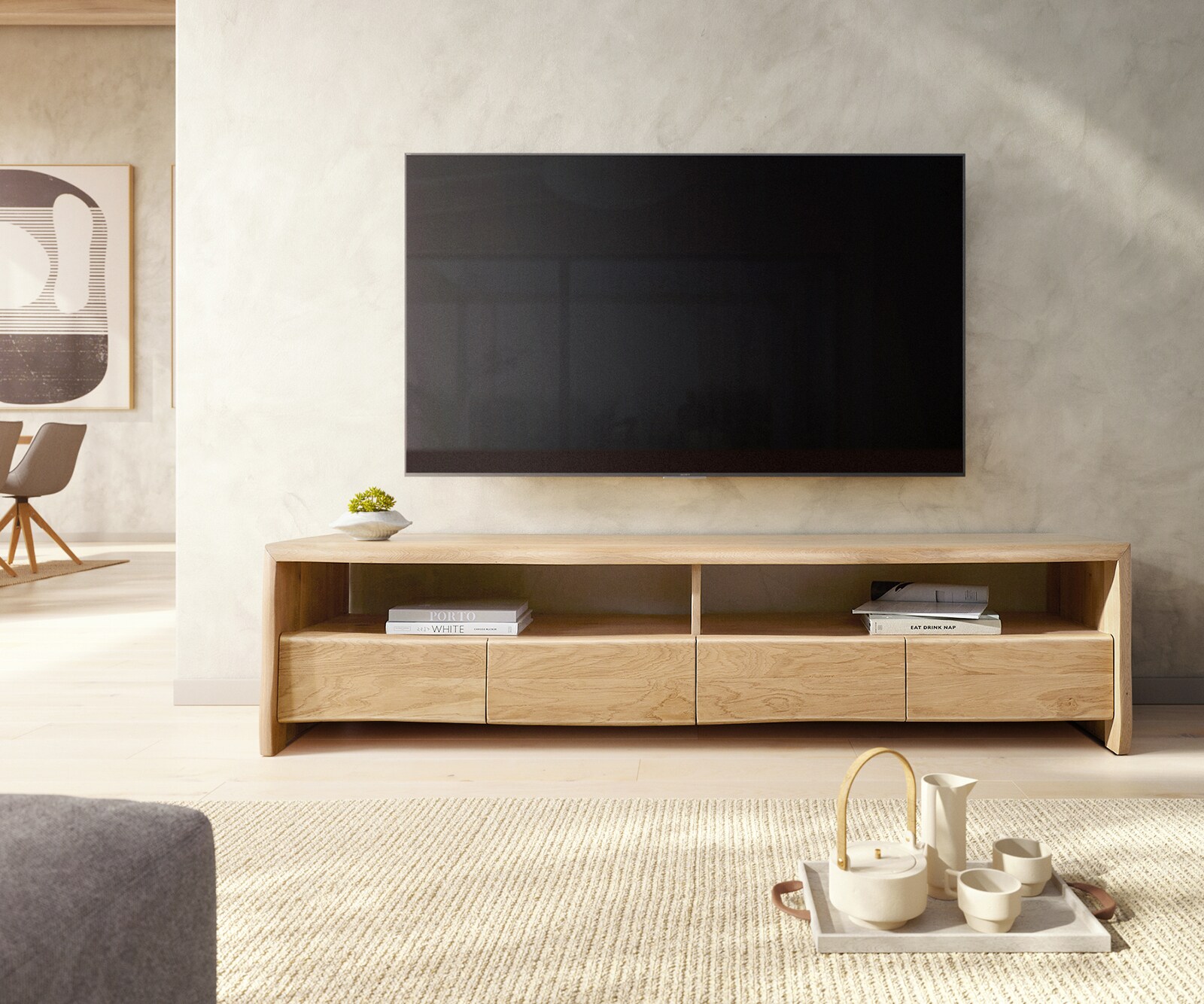 Tv-meubel Live-Edge 190 cm natuur eiken 4 laden 2 vakken boomrand 1 Tv-meubel Live-Edge 190 cm natuur eiken 4 laden 2 vakken boomrand 1
