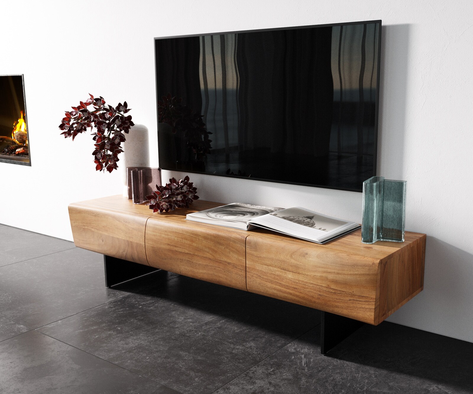 TV-meubel New Live-Edge 145 cm acacia natuur 3 deuren zwevende poot metaal zwart