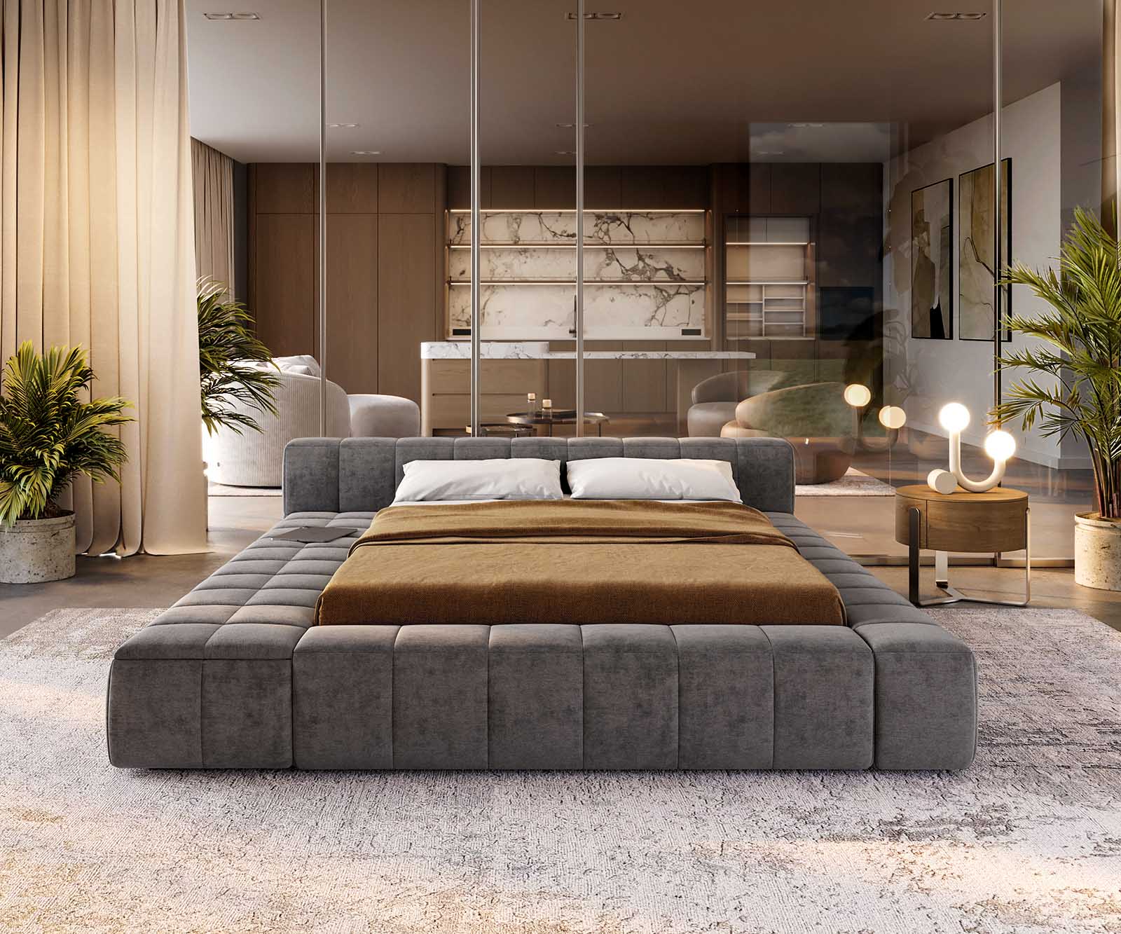 Espazio gestoffeerd bedframe 140x200 cm microvezel grijs met opbergruimte 1