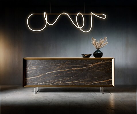 Dressoir Yori metaal goud 200 cm 2 deuren 3 lades acrylvoet keramiek Laminam®Noir Desir bruin 