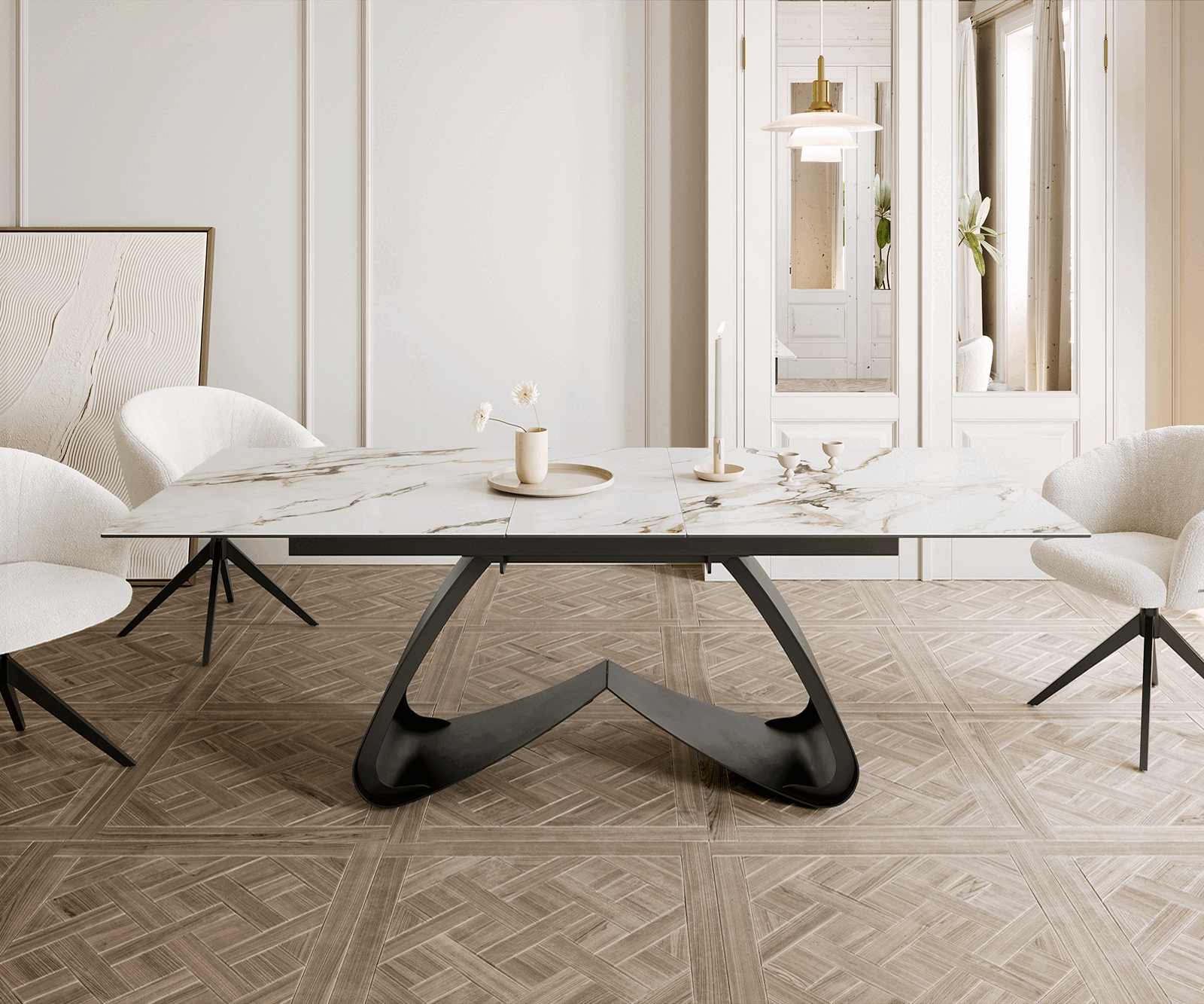 Eetkamertafel Edge 180-220x100 keramiek Calacatta Luxe wit-goud-grijs W-frame zwart uitschuifbaar 1