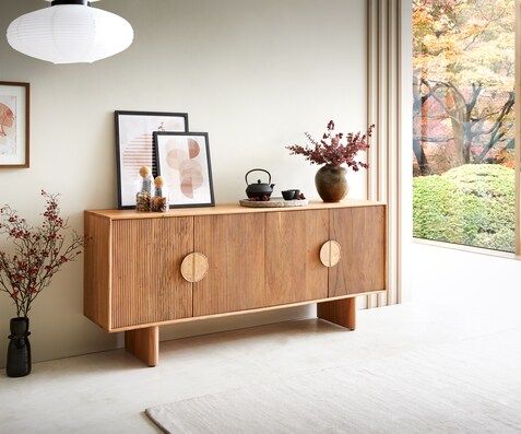 Dressoir Surimu 175 cm acacia lichtbruin 4 deuren 2 compartimenten kurkgreep houten poten