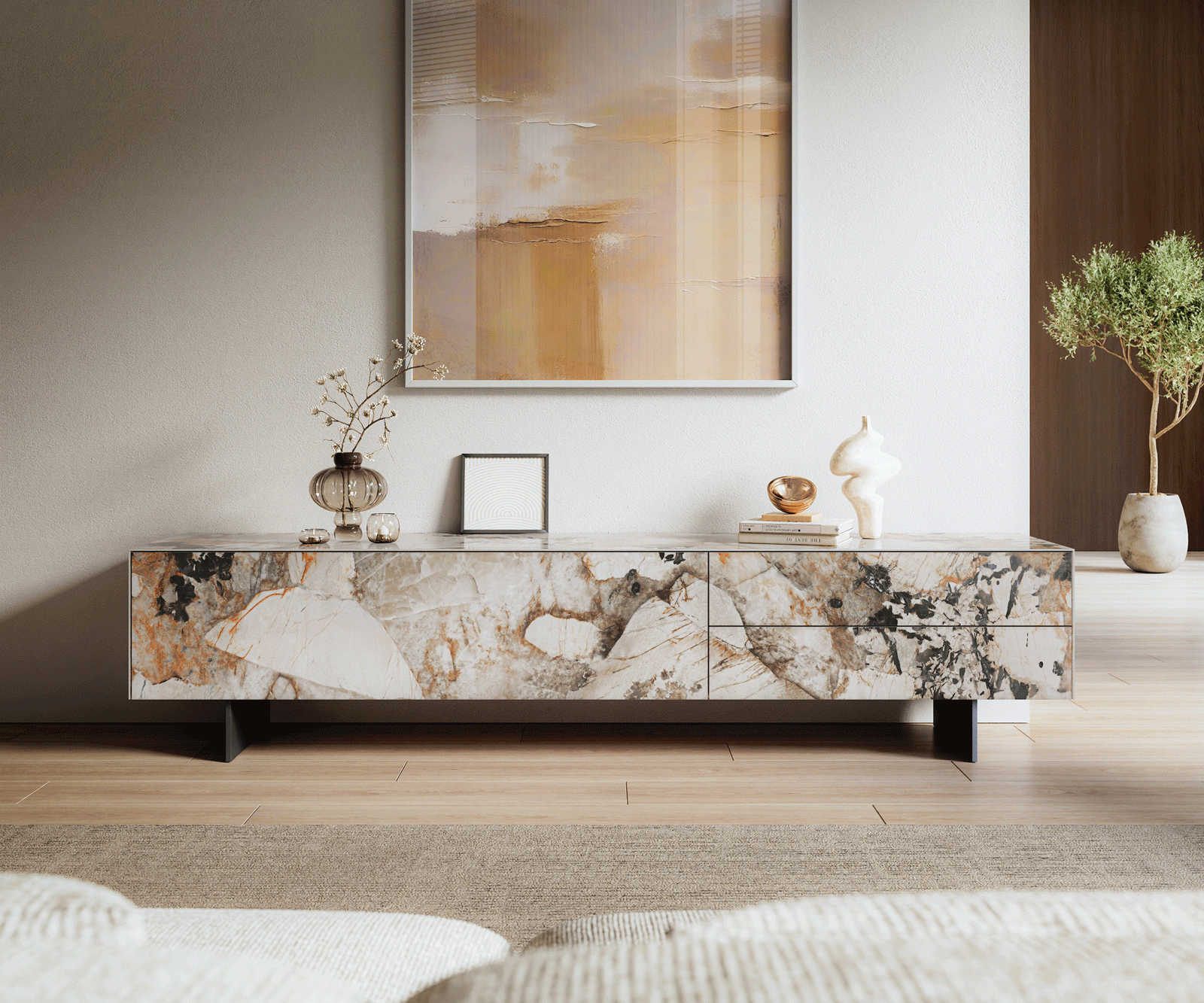 Tv-meubel Cuor 220 cm Keramiek Patagonia gepolijst 1 Flap 2 Laden Zwevende voet look Metaal Zwart 2