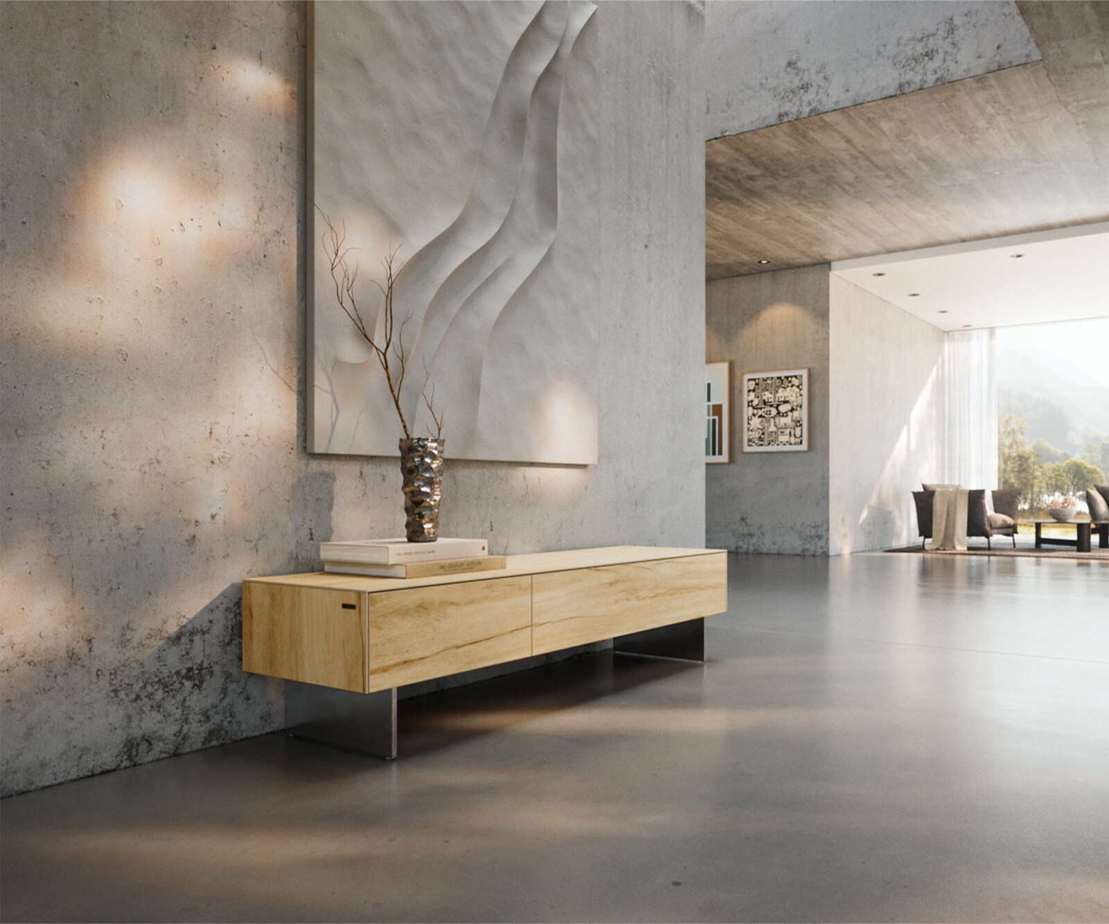 Tv-meubel Cuor 150 cm Keramiek Laminam® Sabbia Eiken gekleurd 1 Flap 1 Lade Zwevende voet look Roestvrij staal