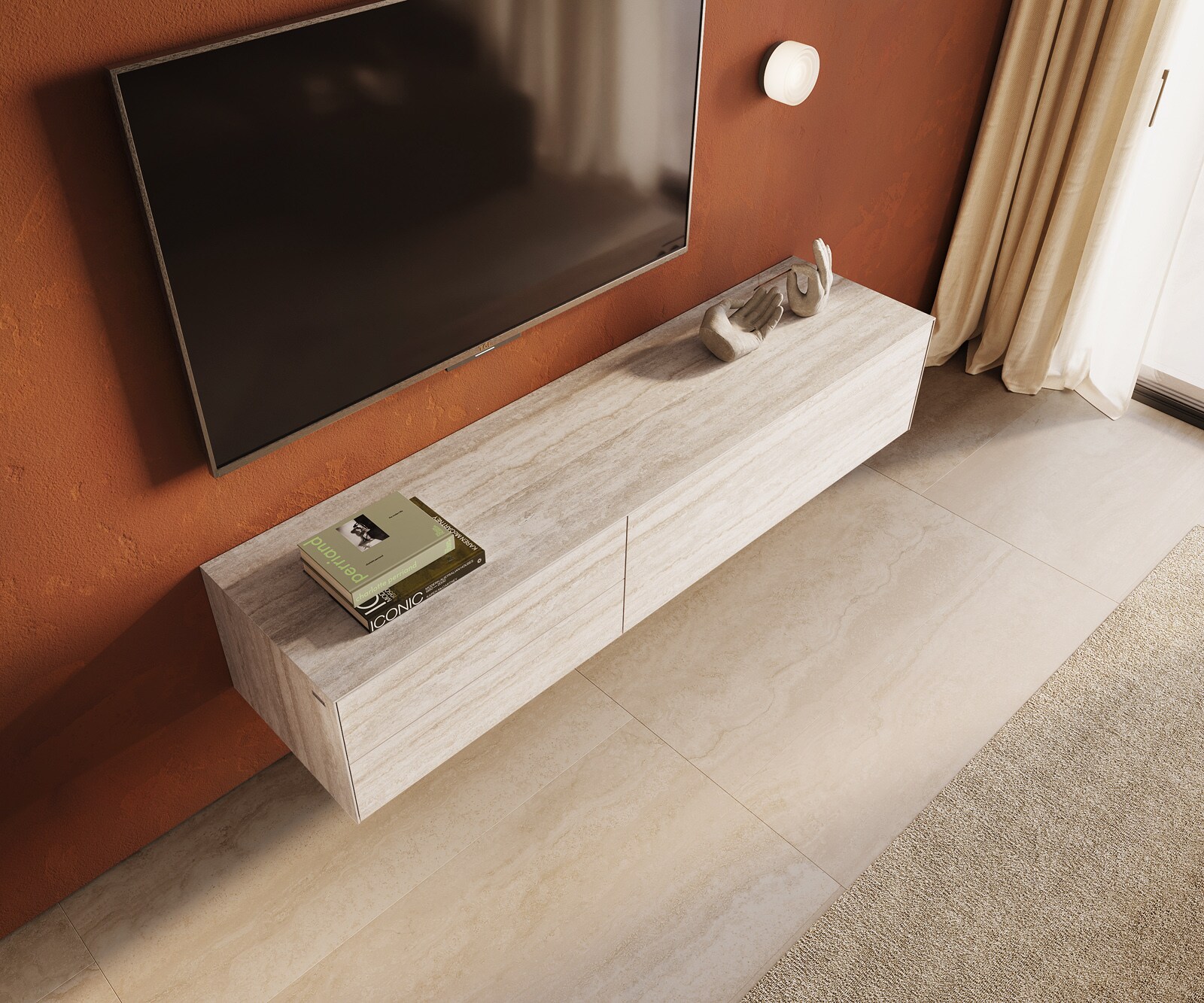 Tv-meubel Cuor 180 cm Keramiek Laminam® Travertino Bianco Crème-wit 1 Flap 2 Laden Zwevend 3