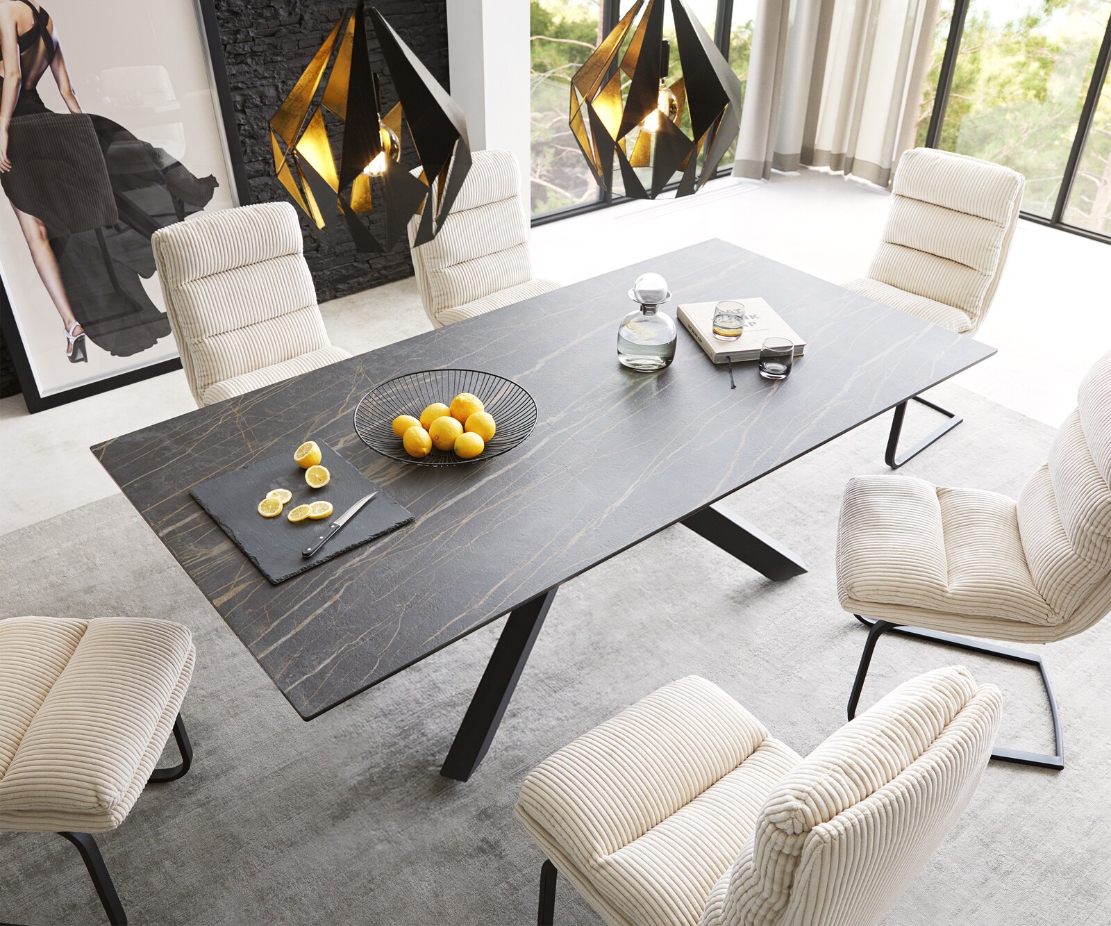 Eettafel Edge 200x100cm Laminam® keramiek bruin middenpoot kruis zwart 1