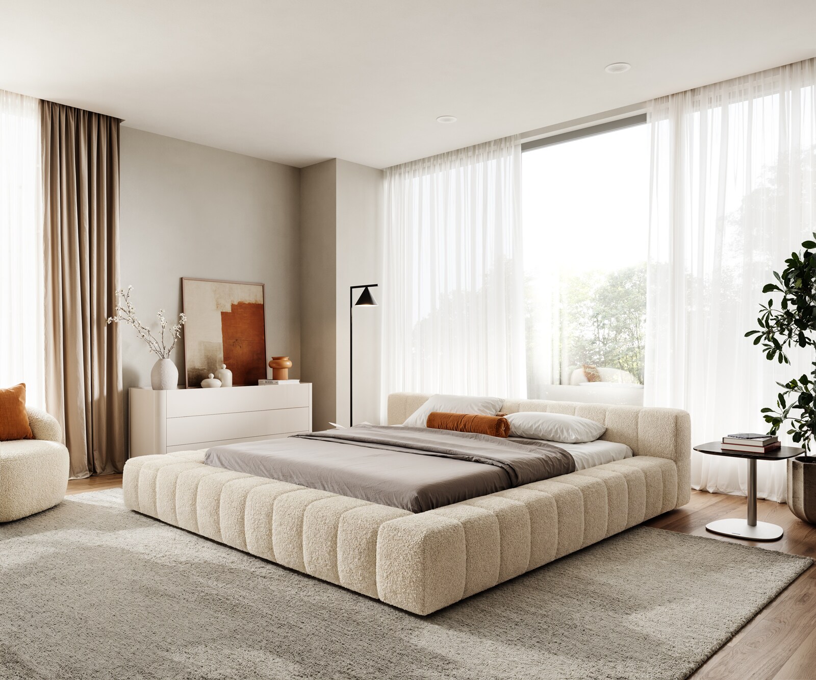 Gestoffeerd bedframe Espazio 180x200 cm Teddystof Beige