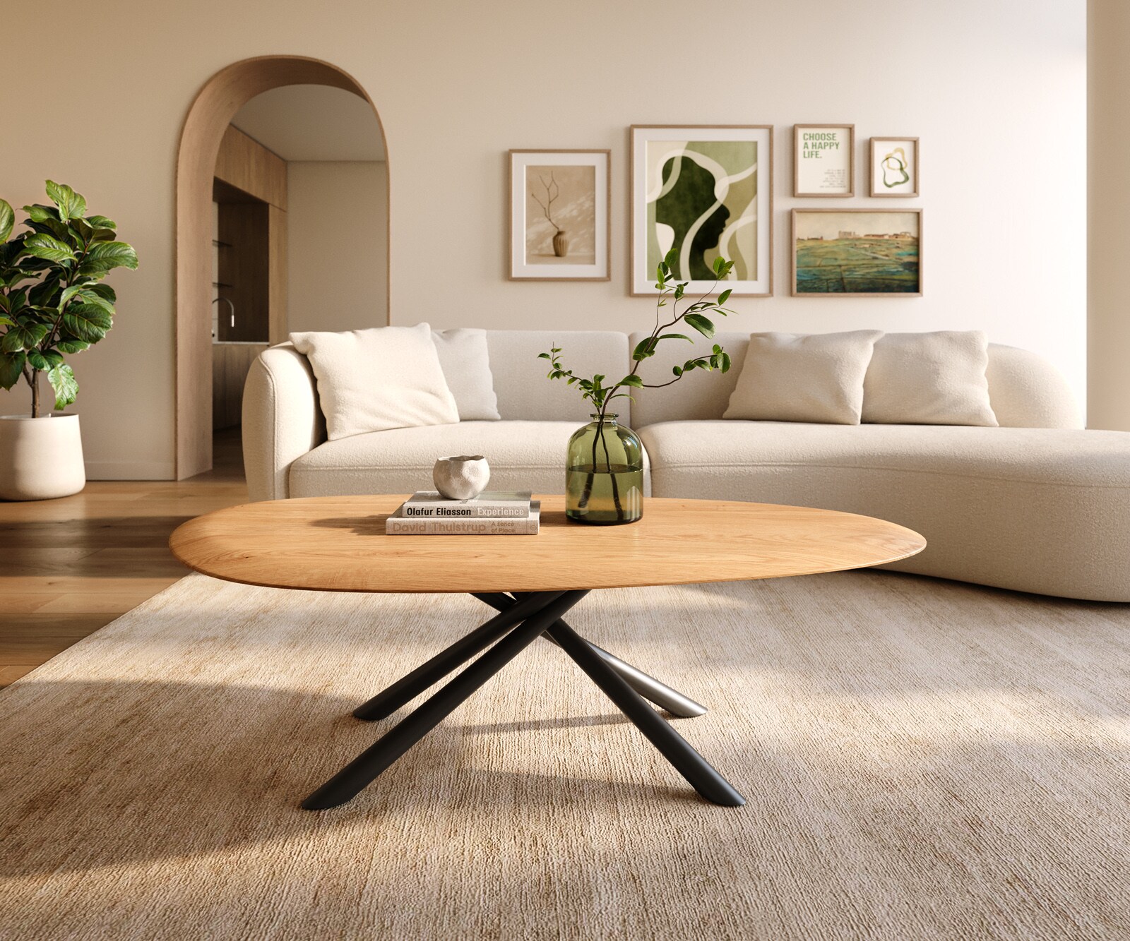 Salontafel Edge Oval 140x75 cm Eiken Naturel ronde rand Sarity zwart metaal 1