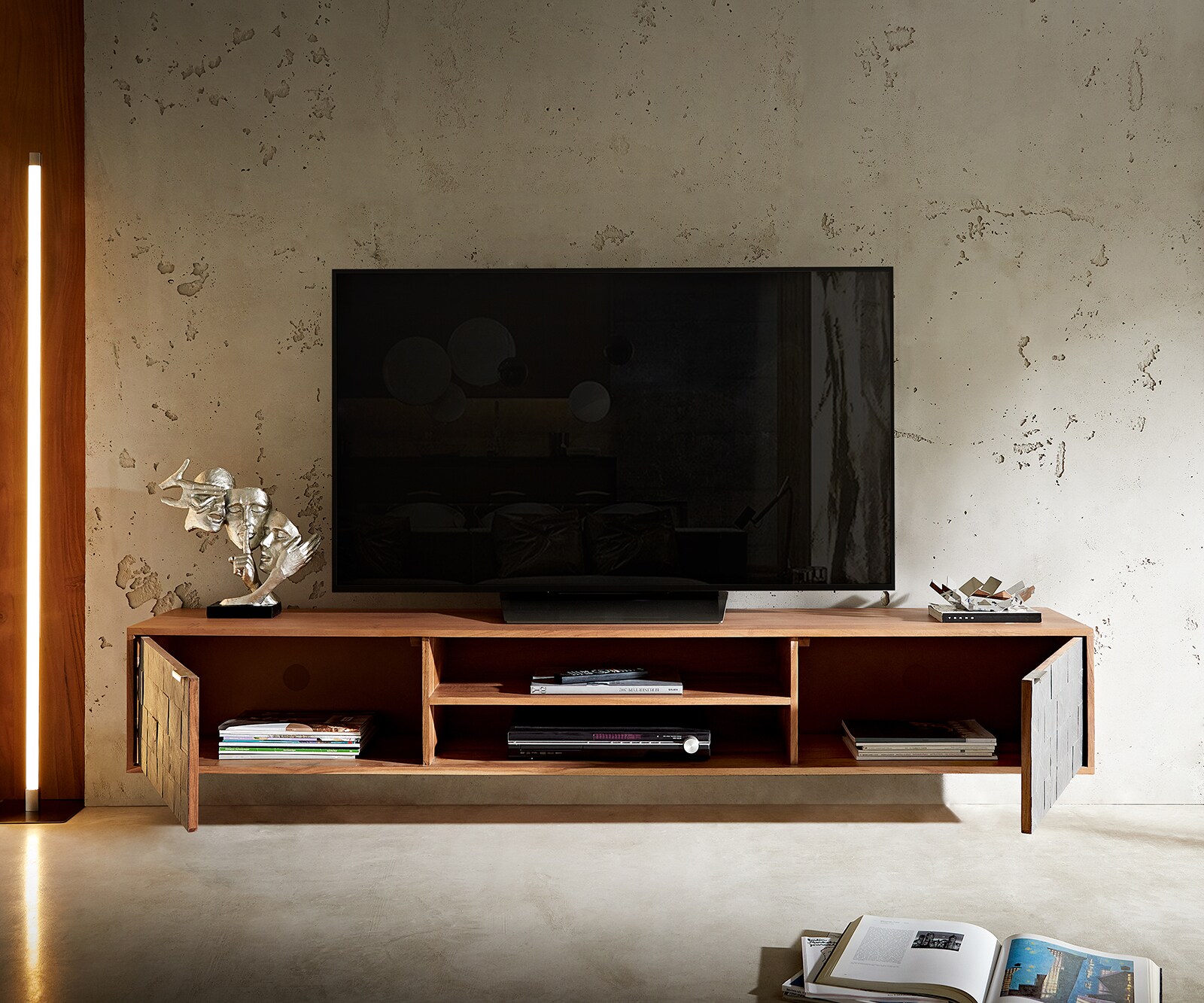 TV-meubel Teele 200 cm acacia natuur leisteen  2 Türen zwevend 5