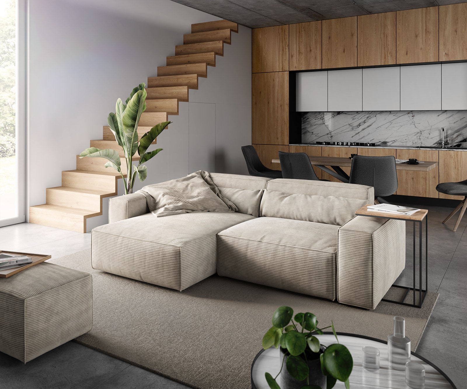 Hoekbank Sirpio 230x155 cm koord beige recamiere variabel met kruk 1
