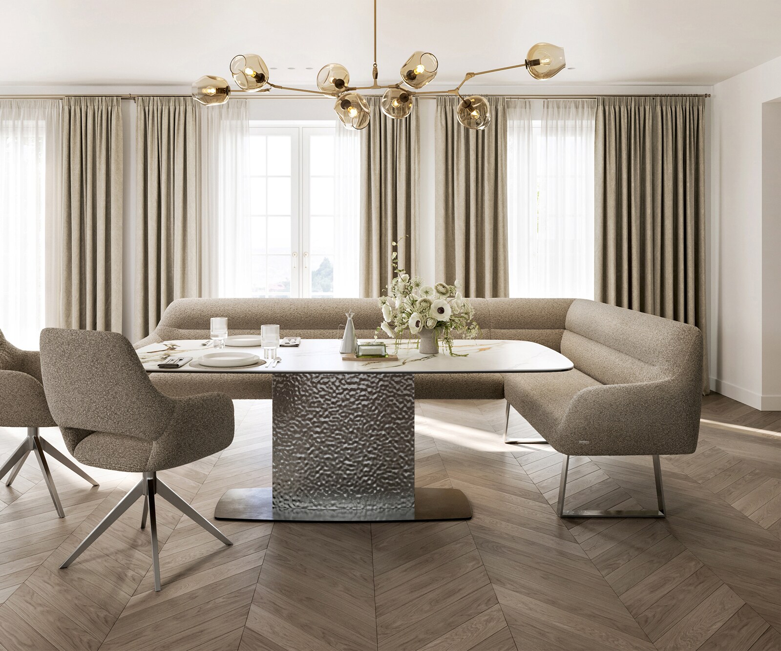 Eetkamerbank Taya-Flex 285x190 cm bouclé mud gekant sledeframe roestvrij staal pocketvering links 2