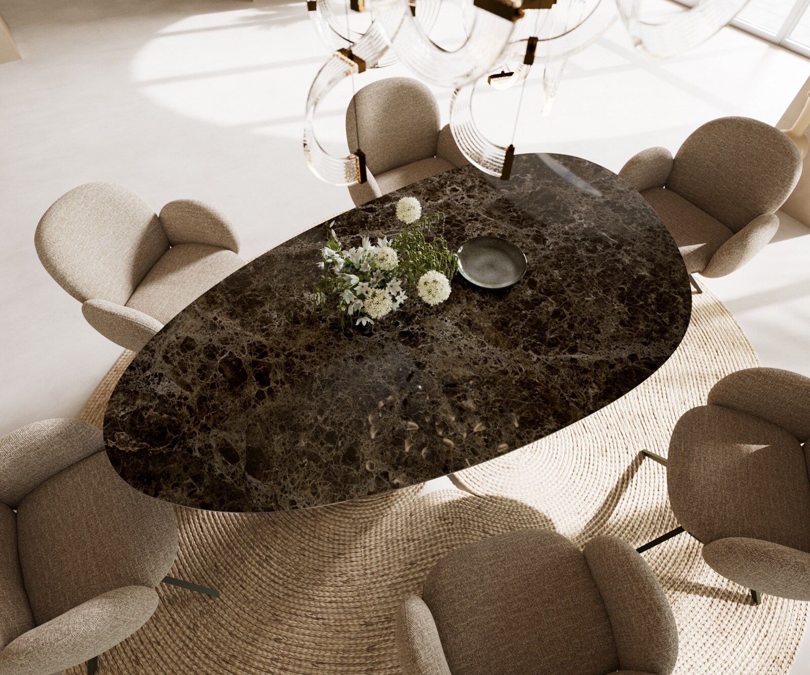 Eettafel Edge Oval 220x120 keramiek  Laminam® Emperador Extra Lucidato donkerbruin W-frame metaal effectafwerking Titan 1