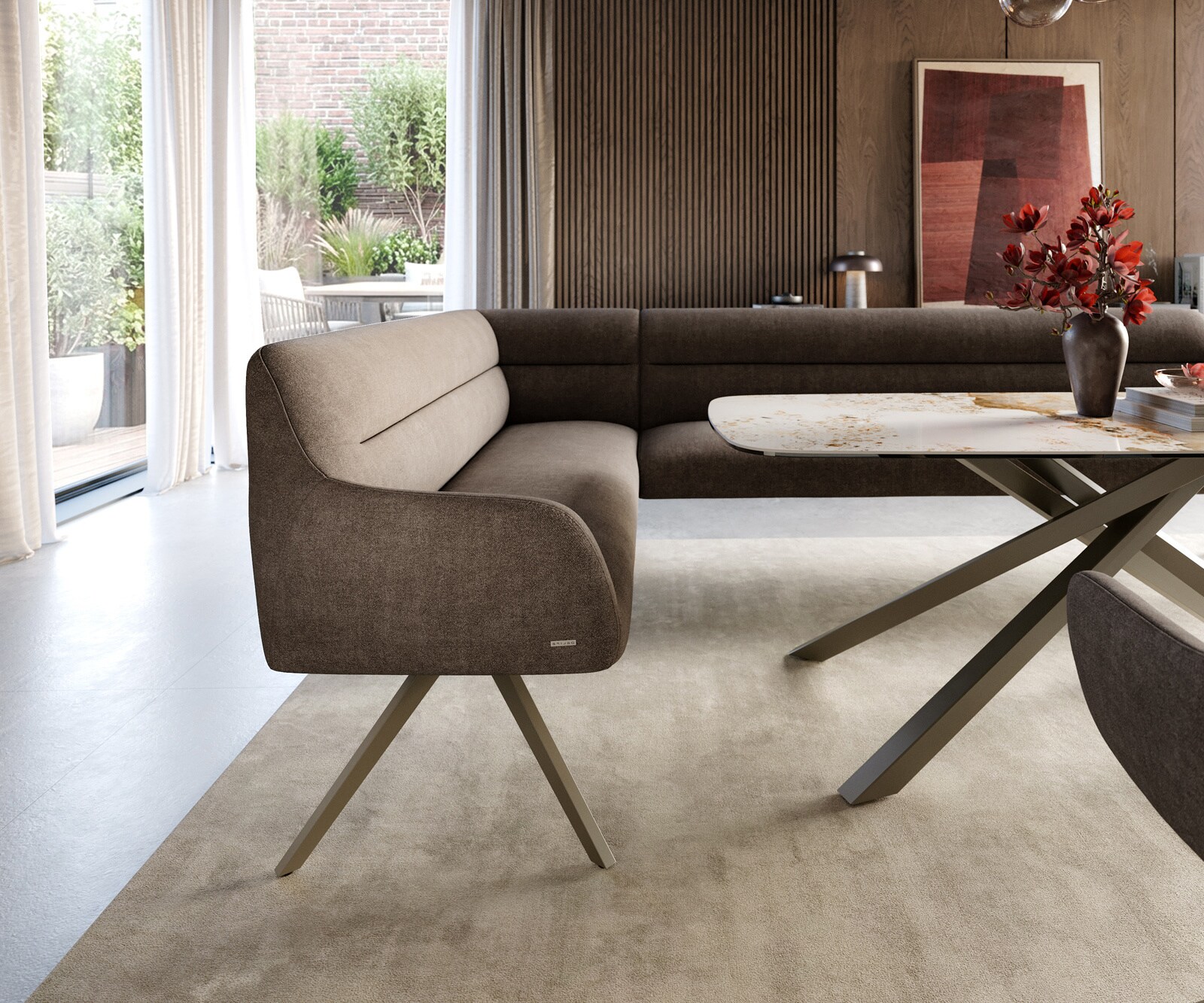 Eetkamerbank Taya-Flex 285x190 cm zachte stof met structuur taupe hoekig kruisframe afwerking met titaniumeffect pocketvering rechts 5