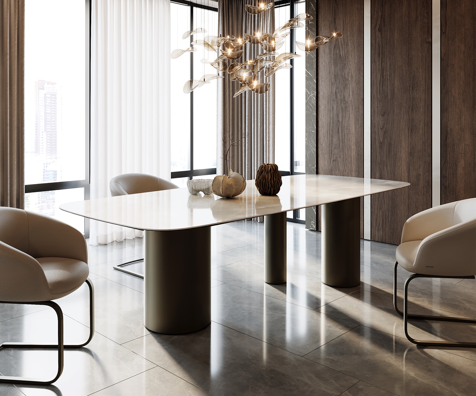 Eetkamertafel Edge Boot 270x120 keramiek Iris FMG Onice Grigio Troa metaal effectafwerking titaan