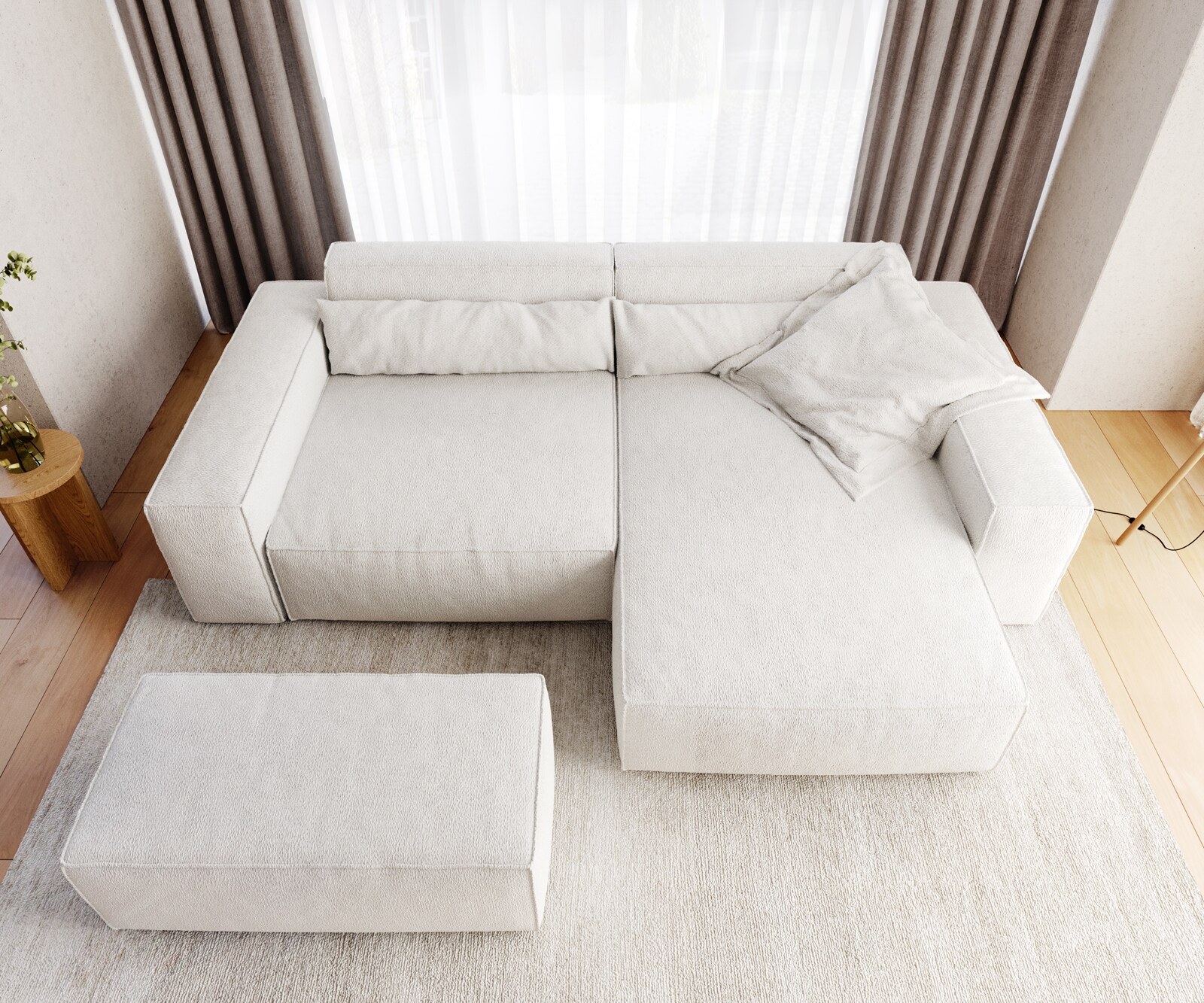 Hoekbank Sirpio XL 270x170 cm bouclee cream-white recamiere variabel met kruk 5