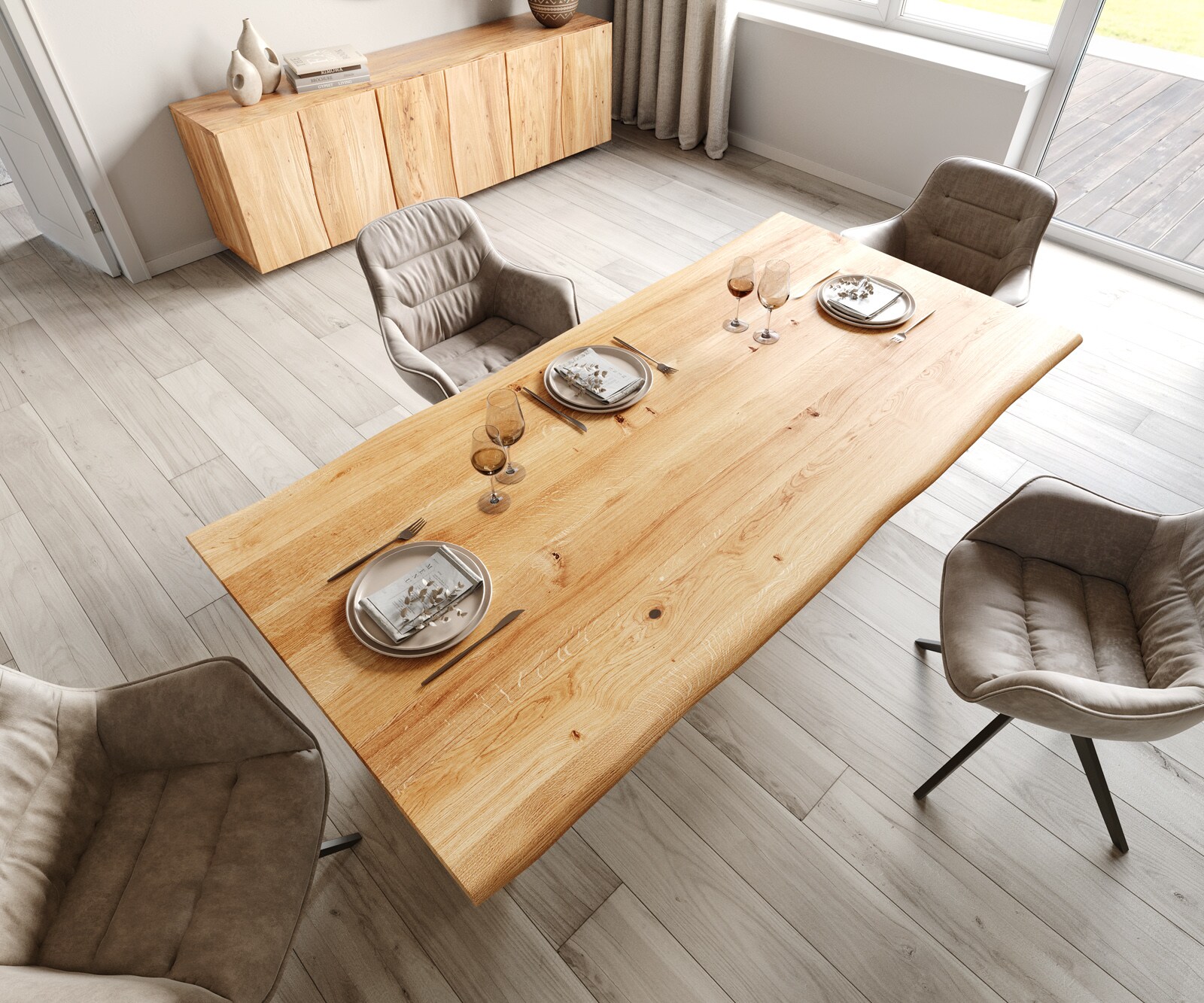 Eettafel Edge 200x100x2,5-3 eiken natuur V-frame staal  zwart  Live-Edge 3 Eettafel Edge 200x100x2,5-3 eiken natuur V-frame staal  zwart  Live-Edge 3