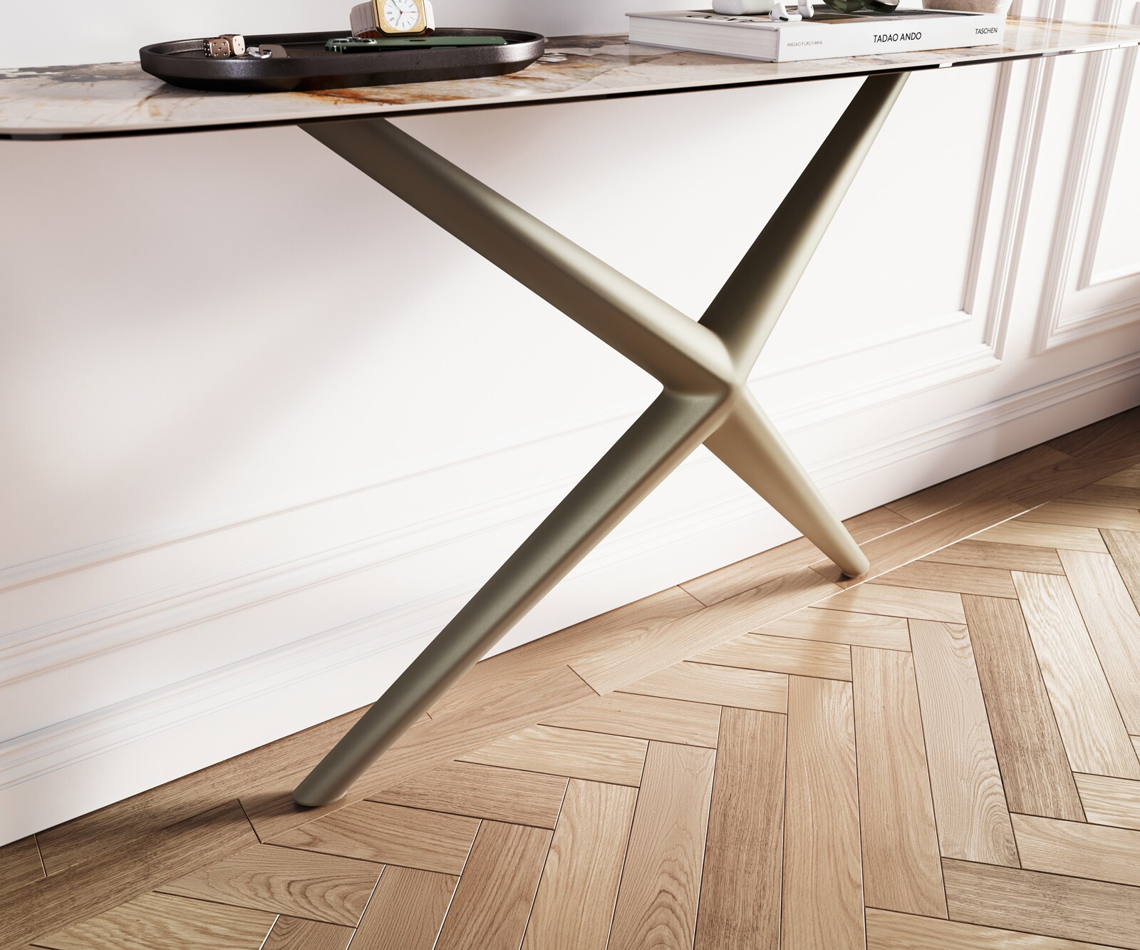 Consoletafel Edge Bootvorm 140x40 cm Keramiek Patagonia Poliert Estelo Metaal Effektfinish Titan 5