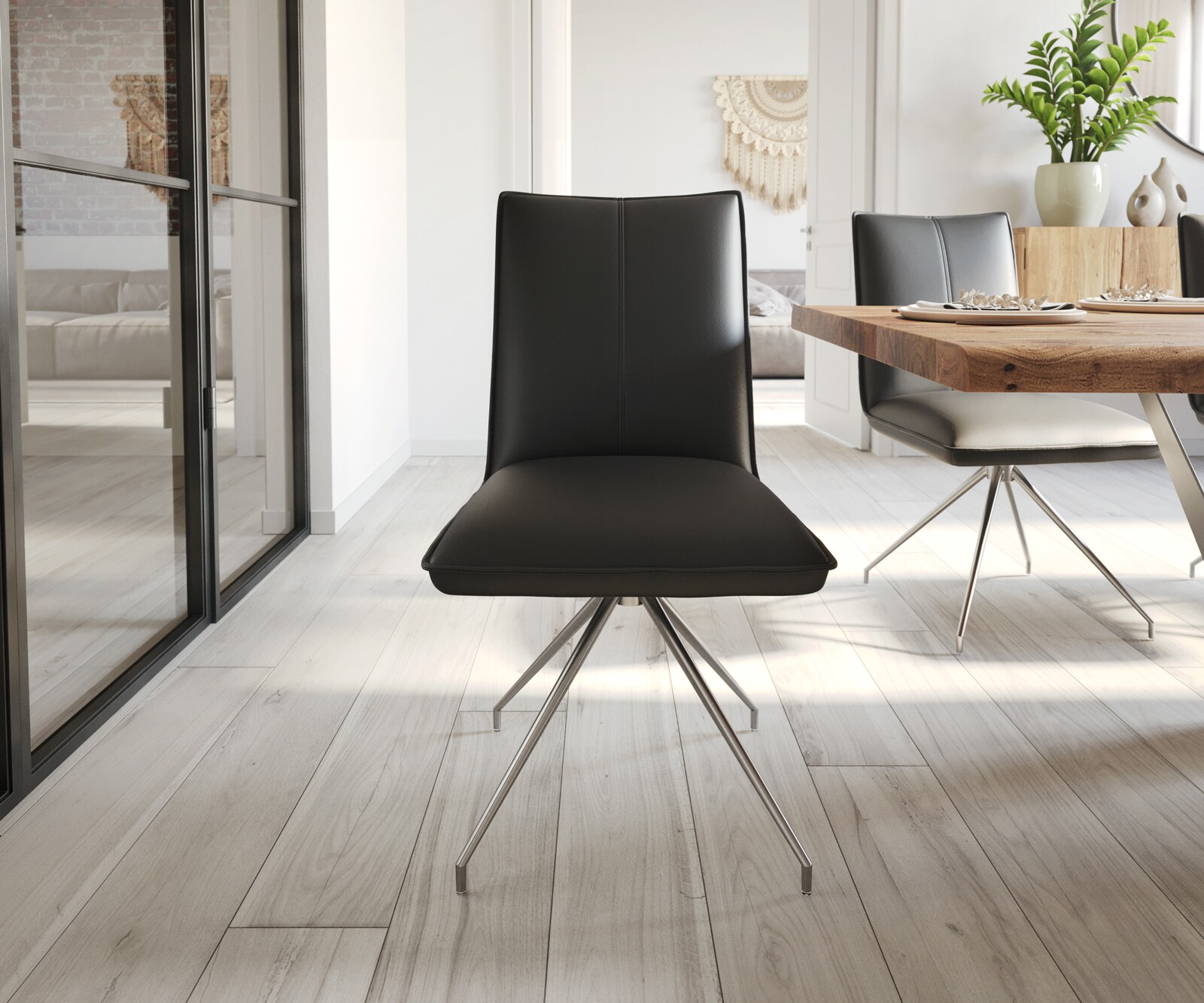 Eetkamerstoel Lelio-Flex echt leer zwart kruisframe conisch roestvrij staal pocketveer kern 1 Eetkamerstoel Lelio-Flex echt leer zwart kruisframe conisch roestvrij staal pocketveer kern 1