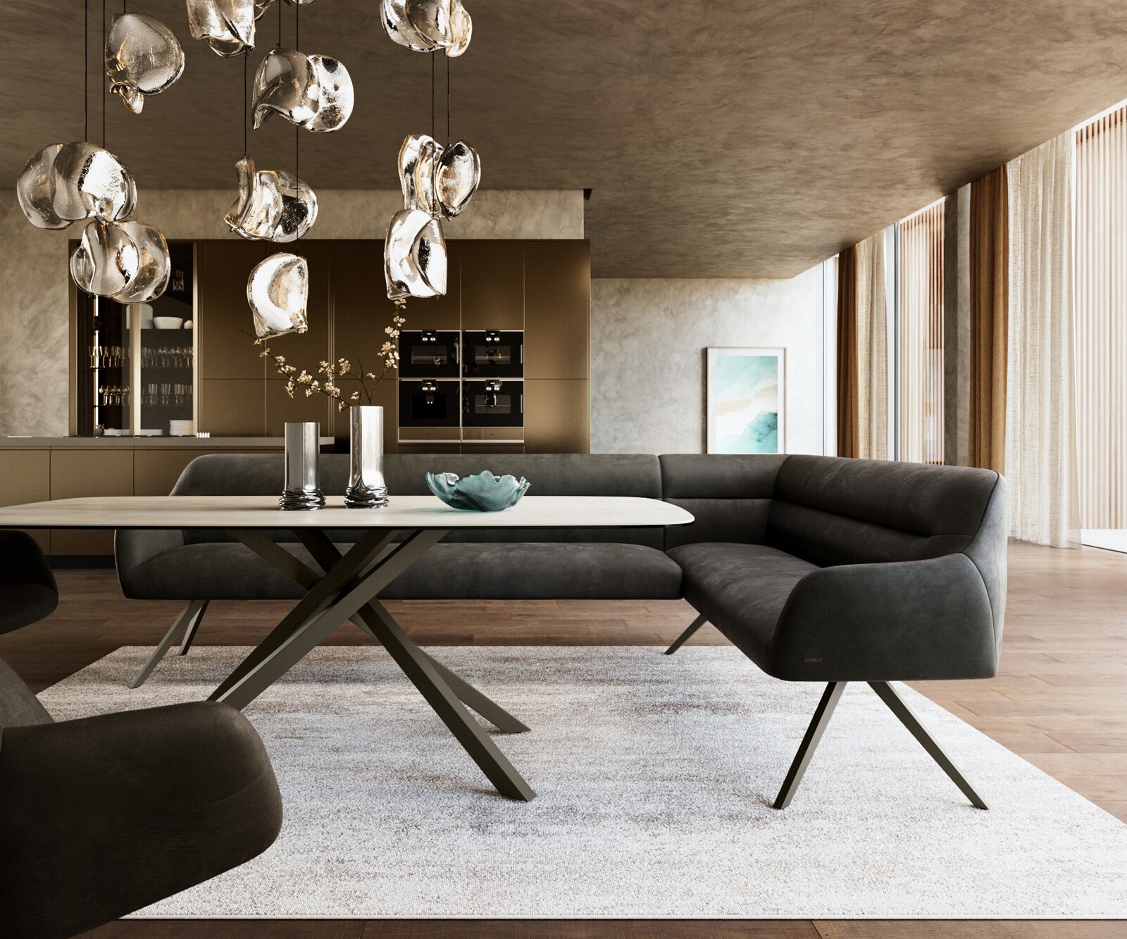 Eetkamerbank Taya-Flex 285x190 cm microvelours anthraciet vintage hoekig kruisframe afwerking met titaniumeffect pocketvering links 2