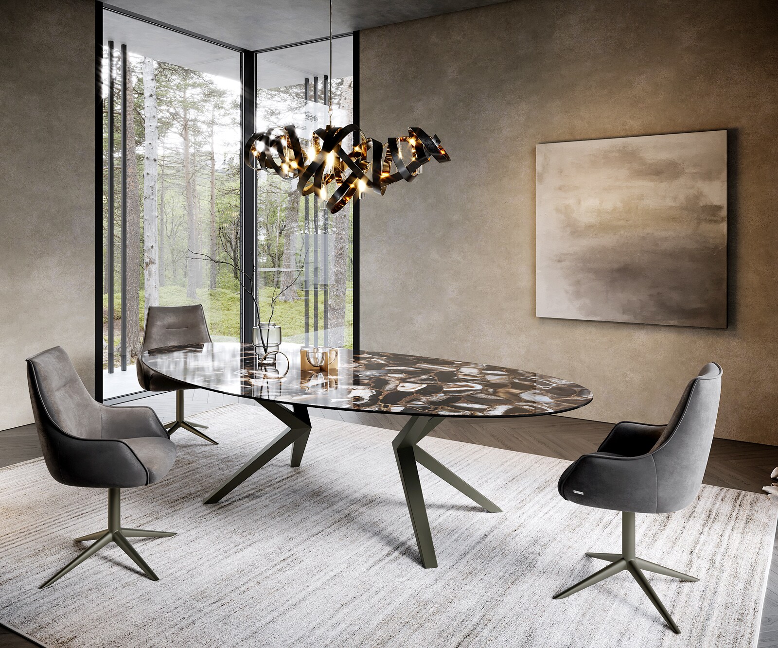 Eetkamertafel Edge ovaal 280x130 keramiek Iris FMG Agatablack Zenthara hoekig metaal effectafwerking titaan 5