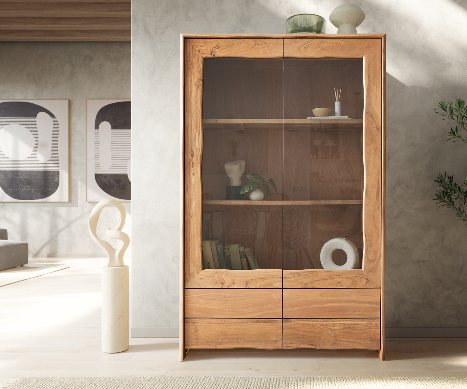Vitrinekast Live-Edge 120x190 cm acacia natuur 2 deuren 4 laden massief 1