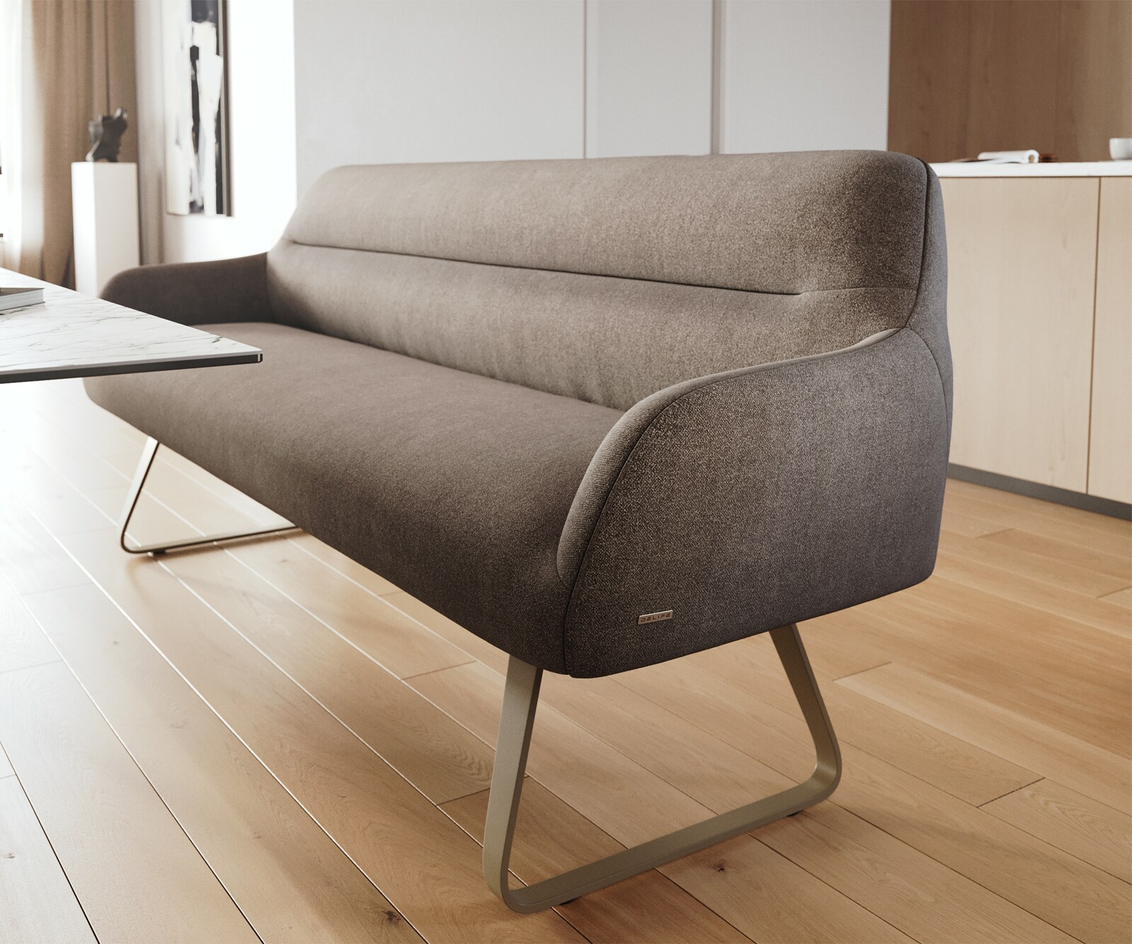 Eetkamerbank Taya-Flex 200 cm zachte stof met structuur taupe platte sledebasis afwerking met titaniumeffect pocketvering 5