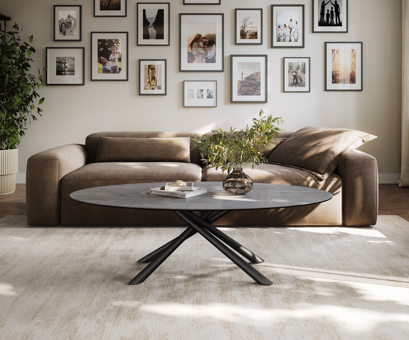 Salontafel Edge ovaal 140x80 cm keramiek beton grijs Sarity metaal zwart 2