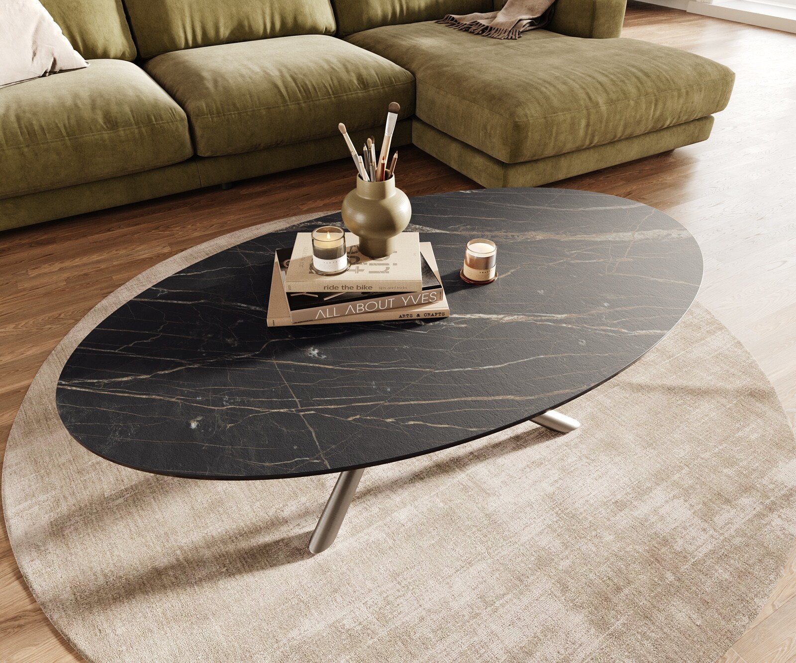 Salontafel Edge Oval 140x80 cm keramiek Laminam® Noir Desir bruin Sarity geborsteld roestvrij staal 3