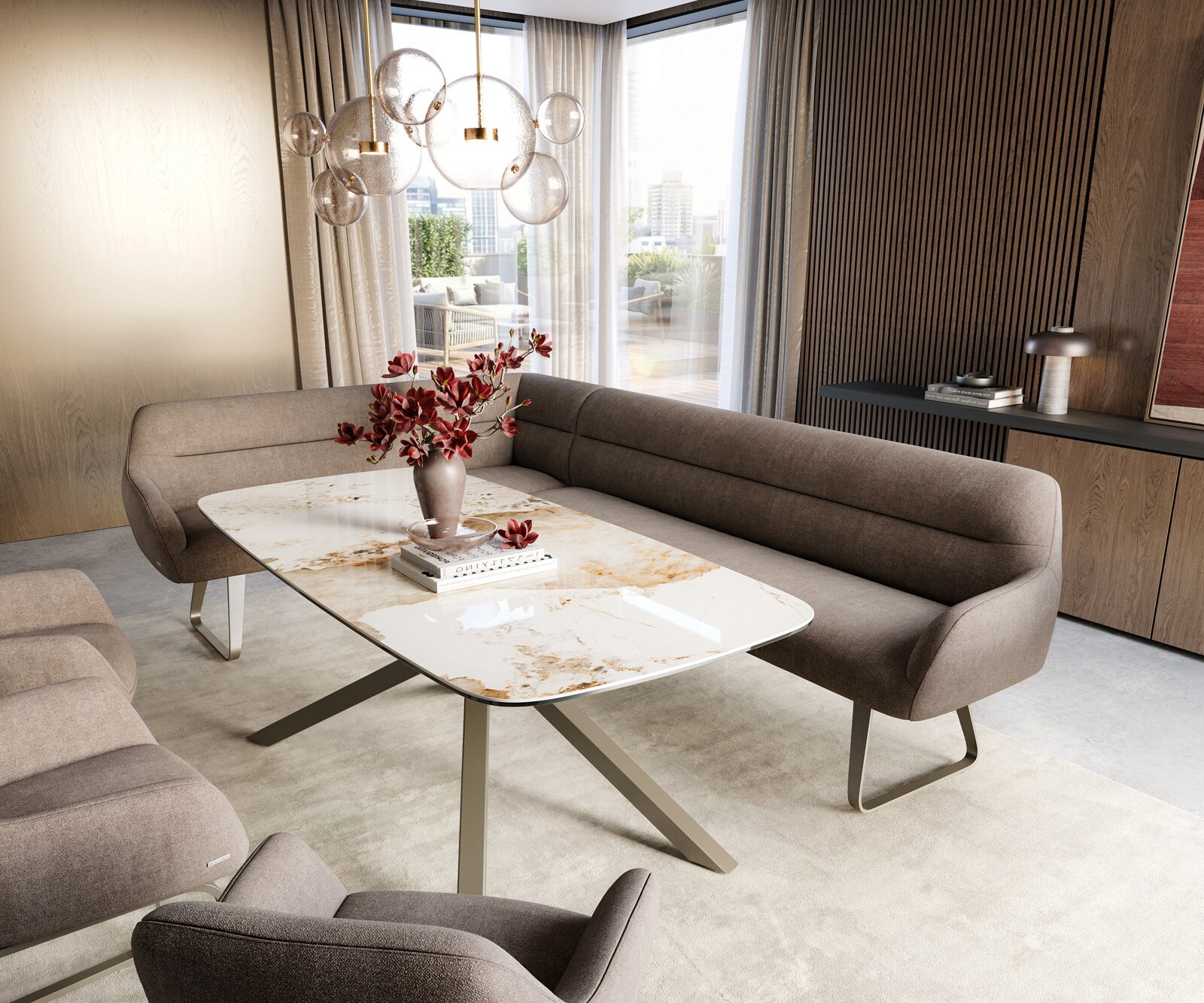 Eetkamerbank Taya-Flex 285x190 cm zachte stof met structuur taupe platte sledebasis afwerking met titaniumeffect pocketvering rechts 1