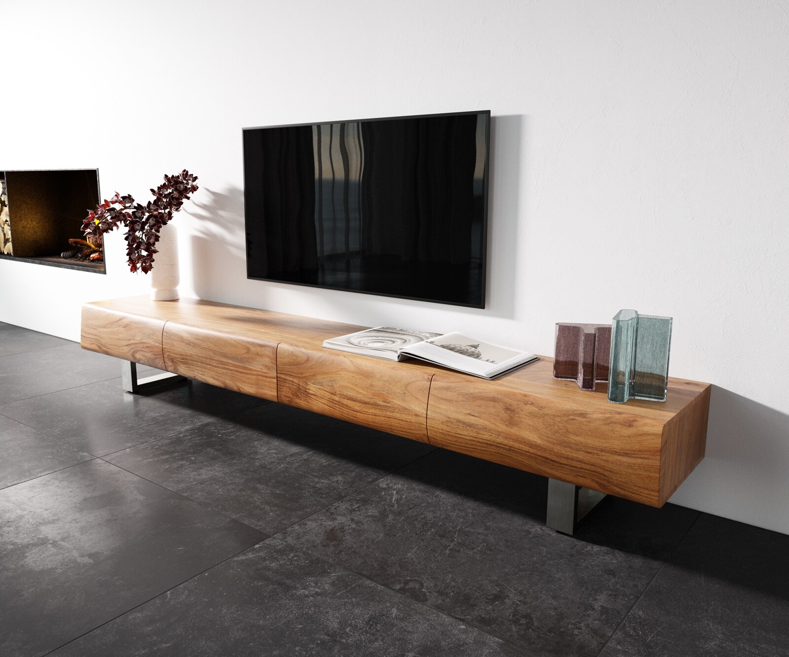 TV-meubel New Live-Edge 240 cm acacia natuur 4 schuifladen sledepoten RVS geborsteld 