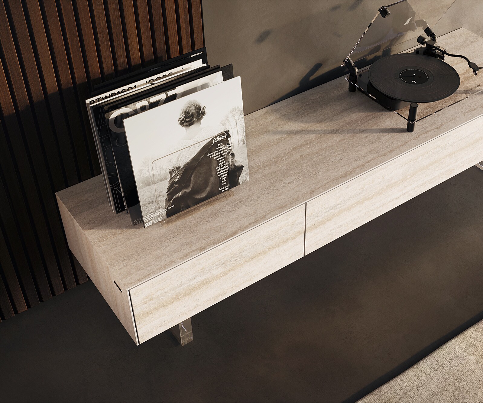Tv-meubel Cuor 150 cm Keramiek Laminam® Travertino Bianco Crème-wit 1 Flap 1 Lade Zwevende voet look Acrylglas 3