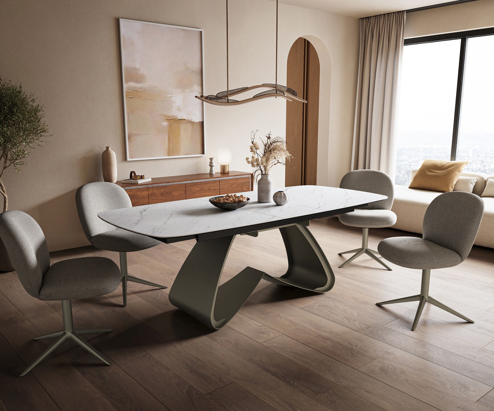 Eettafel Edge Boot 180-220x100 cm Keramiek Laminam® Statuarietto Wit W-onderstel Effectafwerking Titan uitschuifbaar 6
