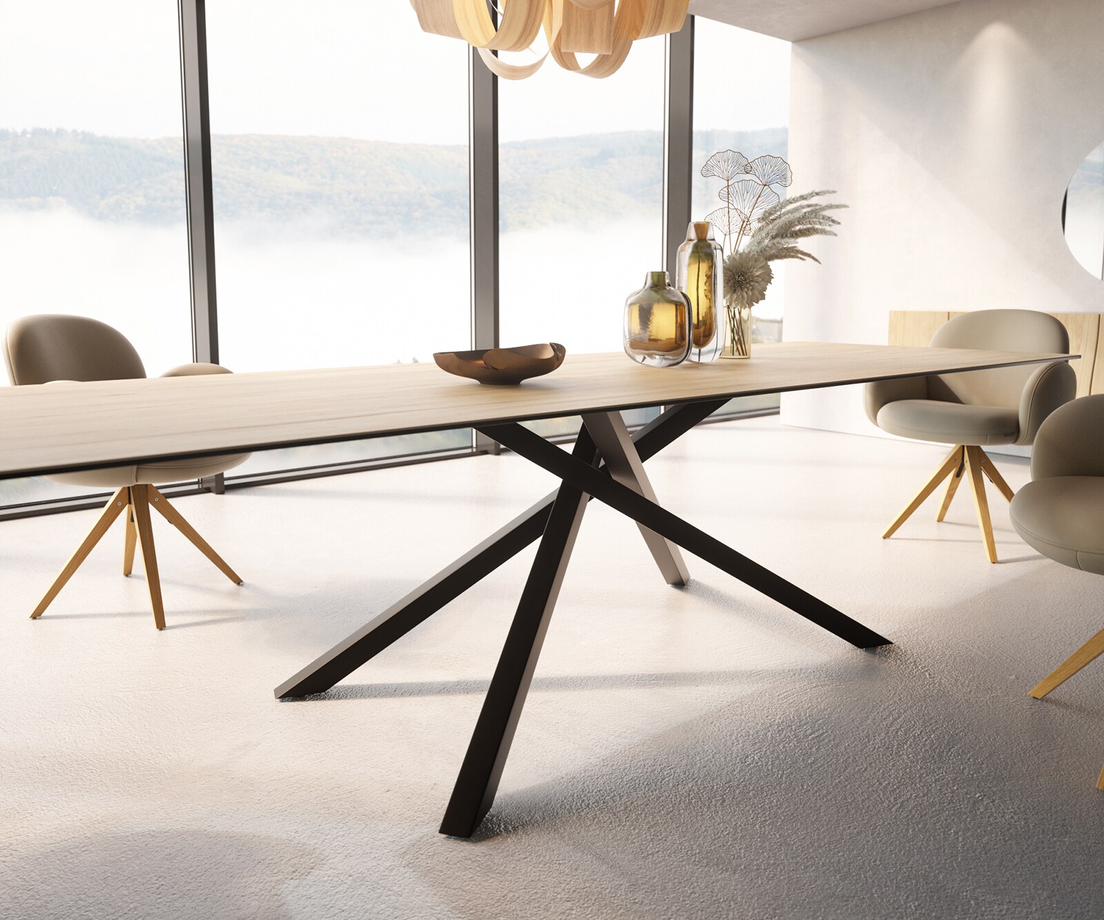 Eetkamertafel Edge 300x100 keramiek Laminam® Sabbia eiken kleur kruisframe rechthoek zwart 5