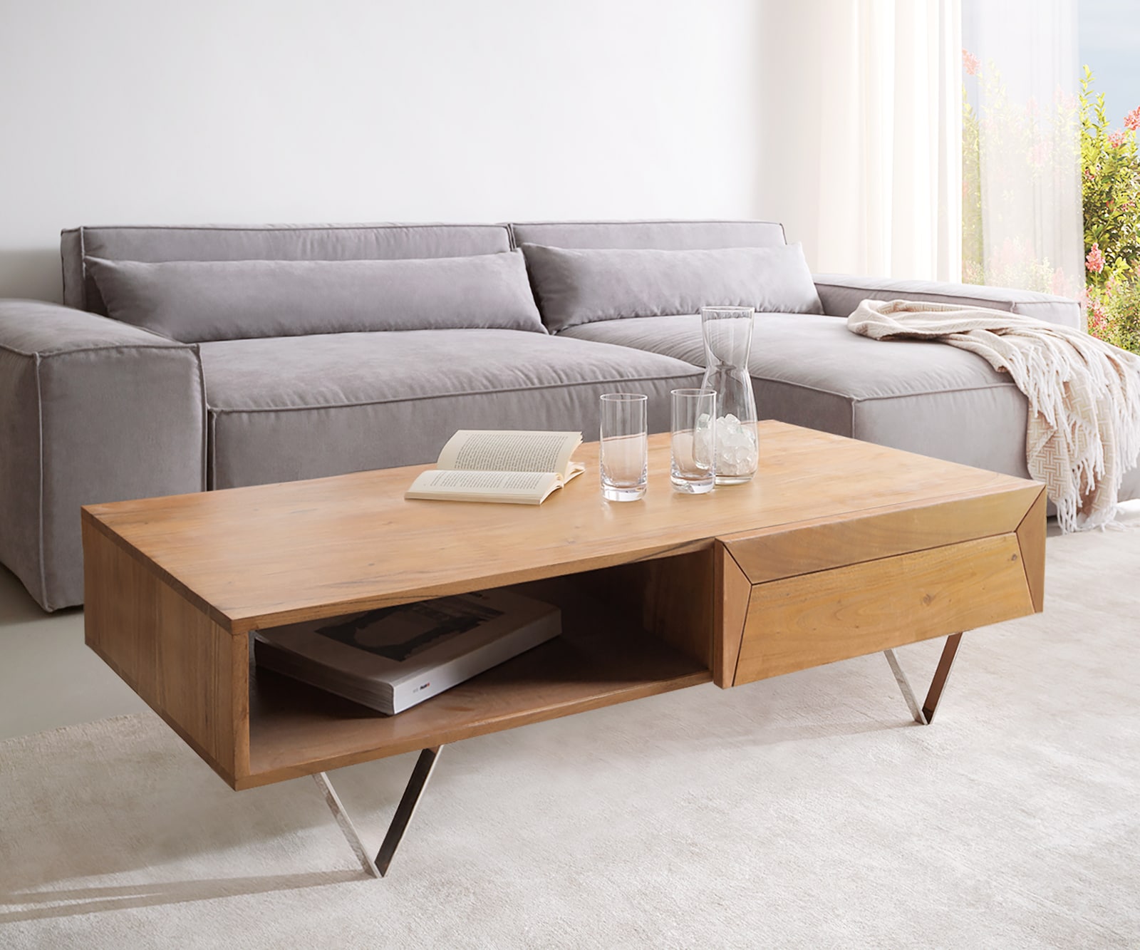 Salontafel Kayu 115x60 cm acacia natuur 2 laden V-poot Salontafel Kayu 115x60 cm acacia natuur 2 laden V-poot