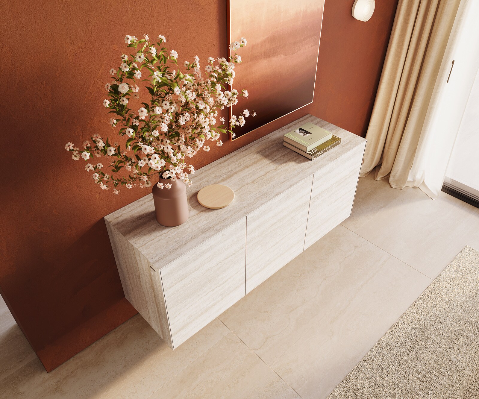 Dressoir Cuor 150 cm Keramiek Laminam® Travertino Bianco Crème-wit 3 Deuren Zwevend 4