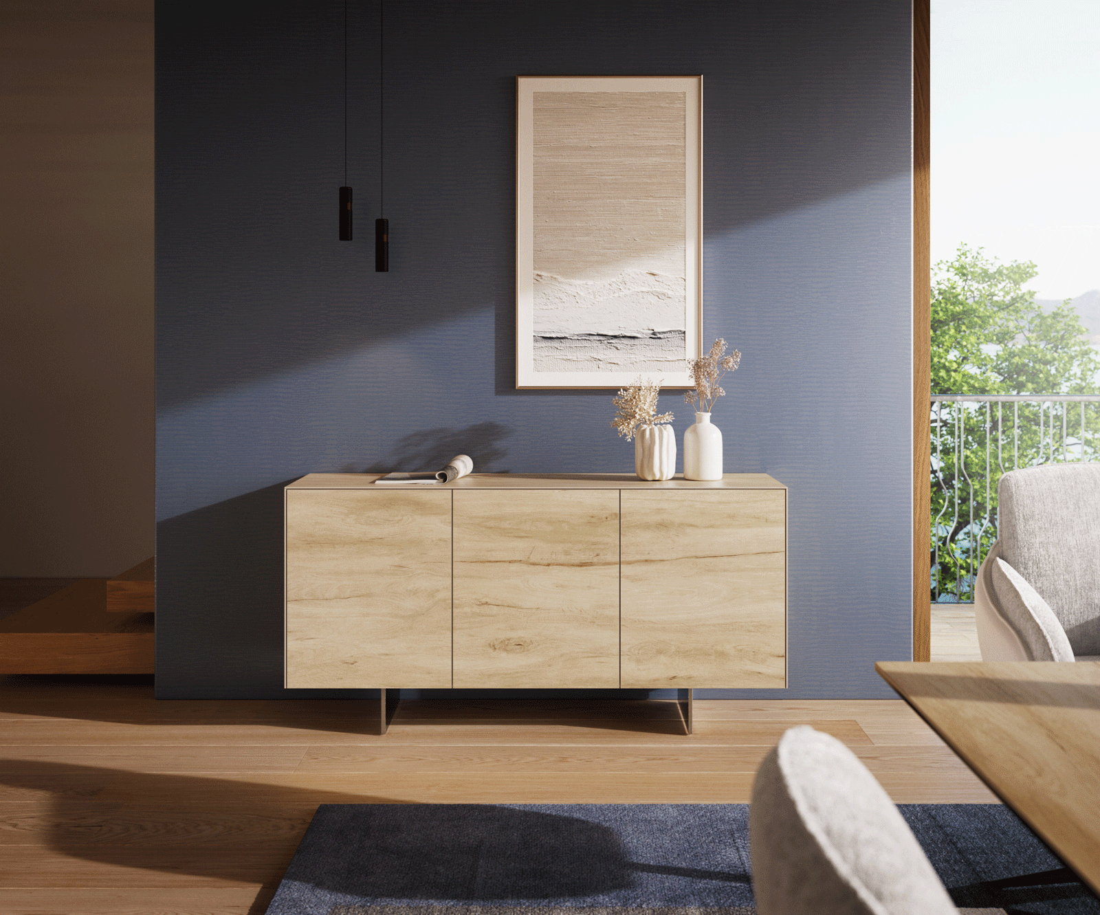 Dressoir Cuor 150 cm Keramiek Laminam® Sabbia Eiken gekleurd 3 Deuren Zwevende voet look Roestvrij staal 3