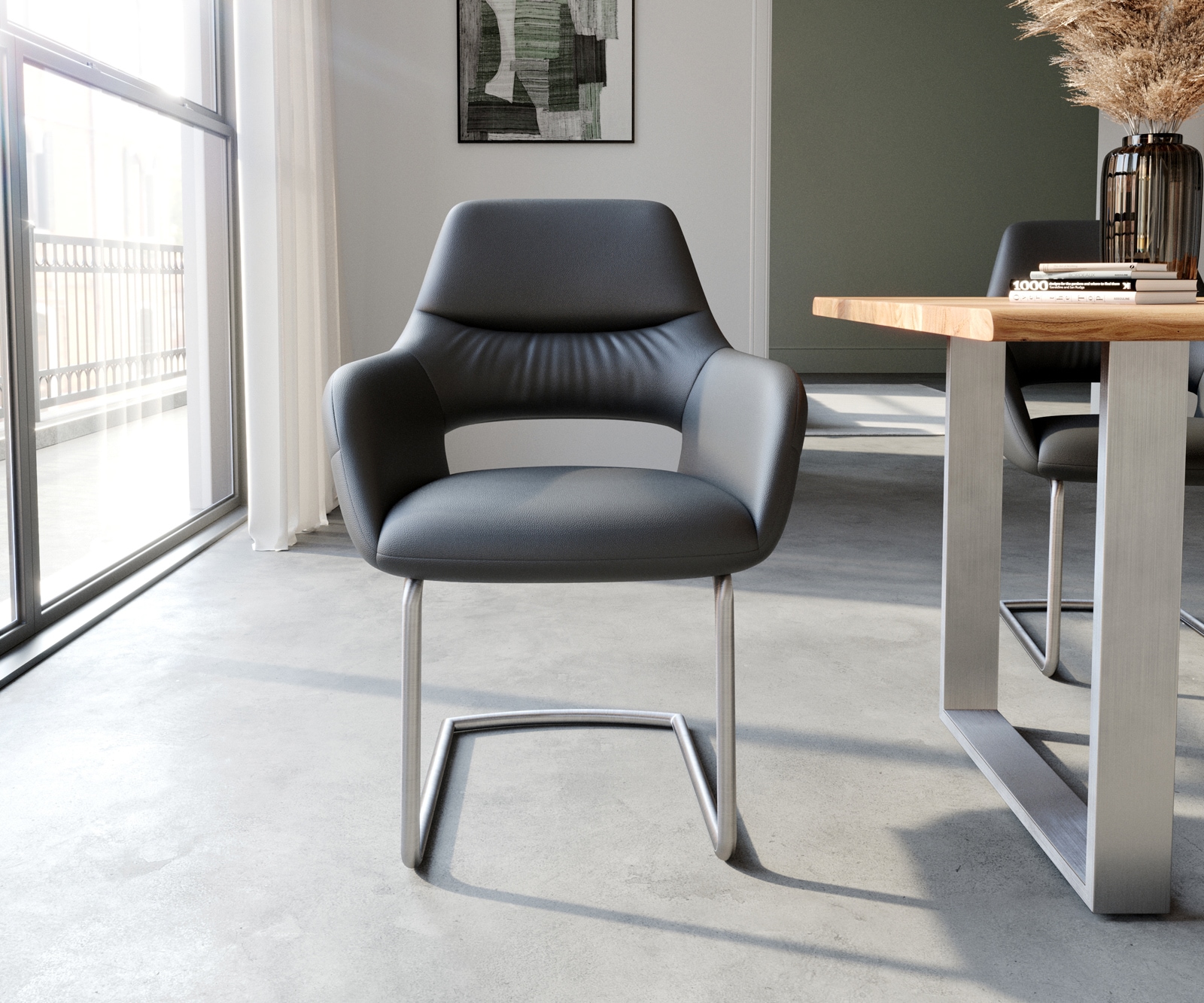 Sledemodel Yago-Flex met armleuning echt leer zwart sledemodel rond roestvrij staal pocketveer kern 1 Sledemodel Yago-Flex met armleuning echt leer zwart sledemodel rond roestvrij staal pocketveer kern 1