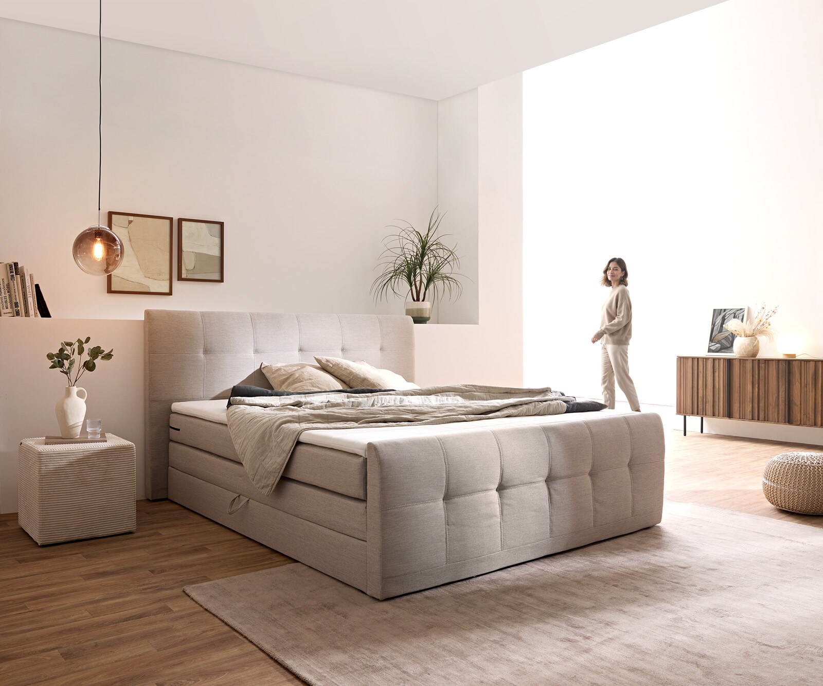 Boxspring-bed Sebastiano 180x200 beige vlak geweven Topper