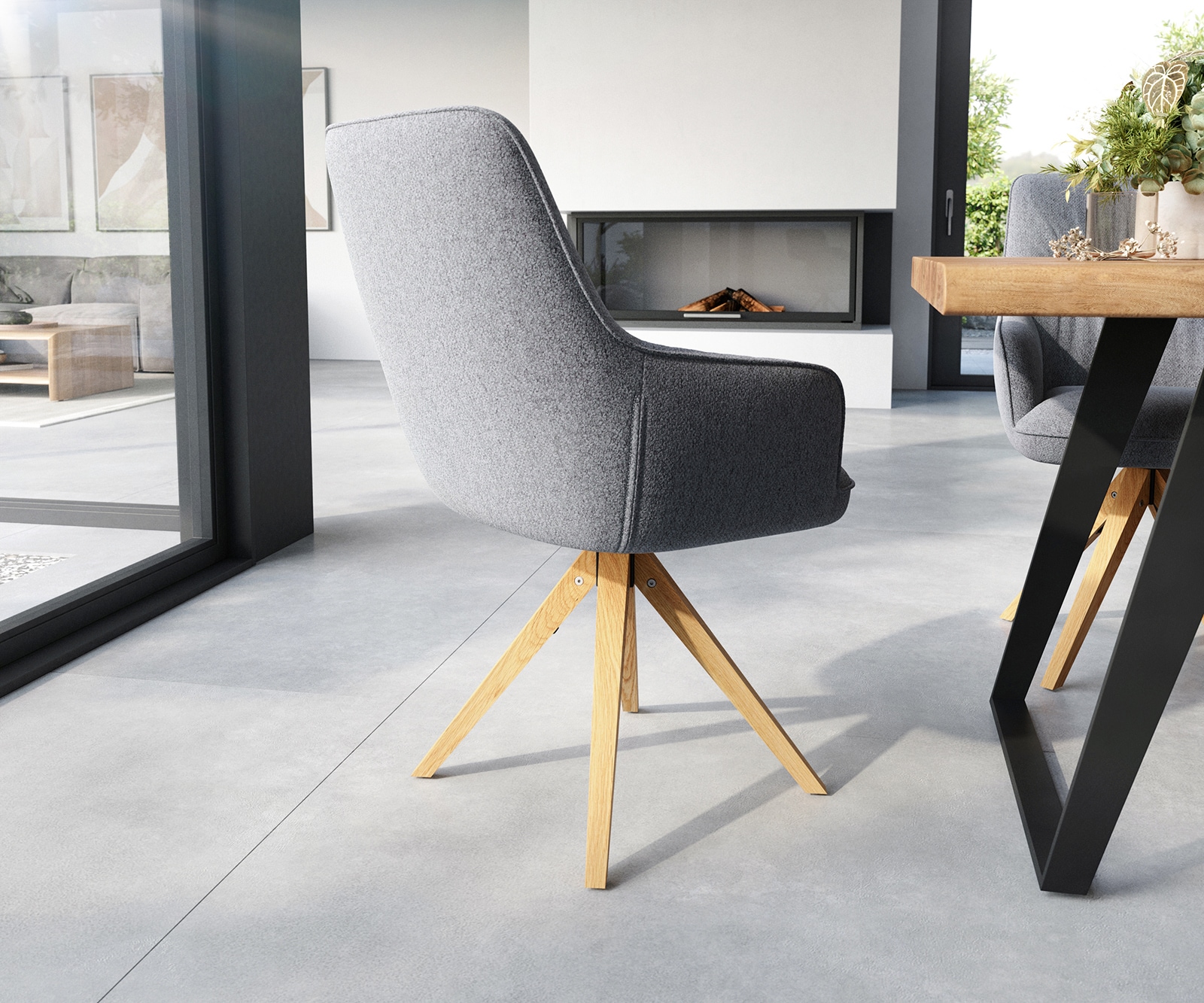 Eetkamerstoel Zelia-Flex met armleuning structuurstof lichtgrijs houten frame hoekig natuur pocketveer kern 4 Eetkamerstoel Zelia-Flex met armleuning structuurstof lichtgrijs houten frame hoekig natuur pocketveer kern 4