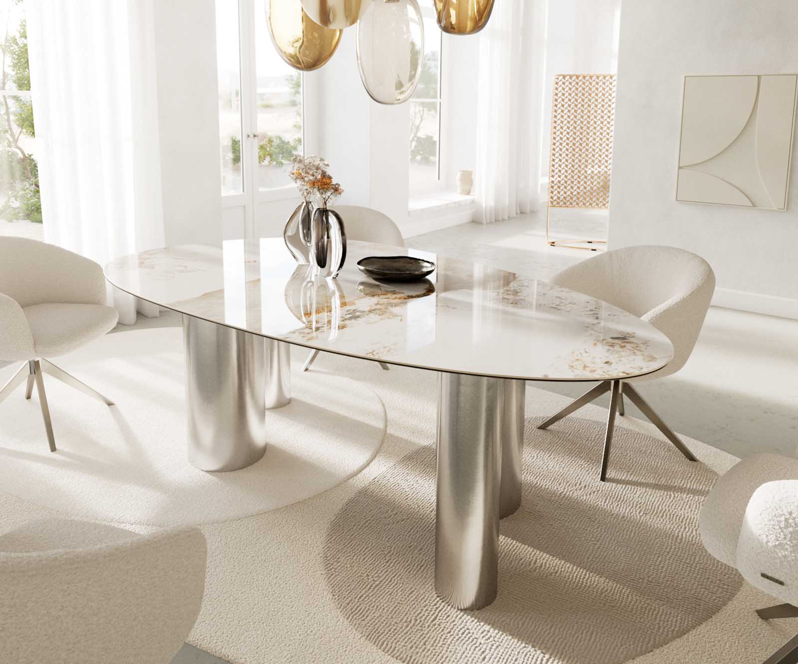 Eettafel Edge ovaal 220x120 keramiek Minas Melange wit-beige pilier roestvrij staal 6