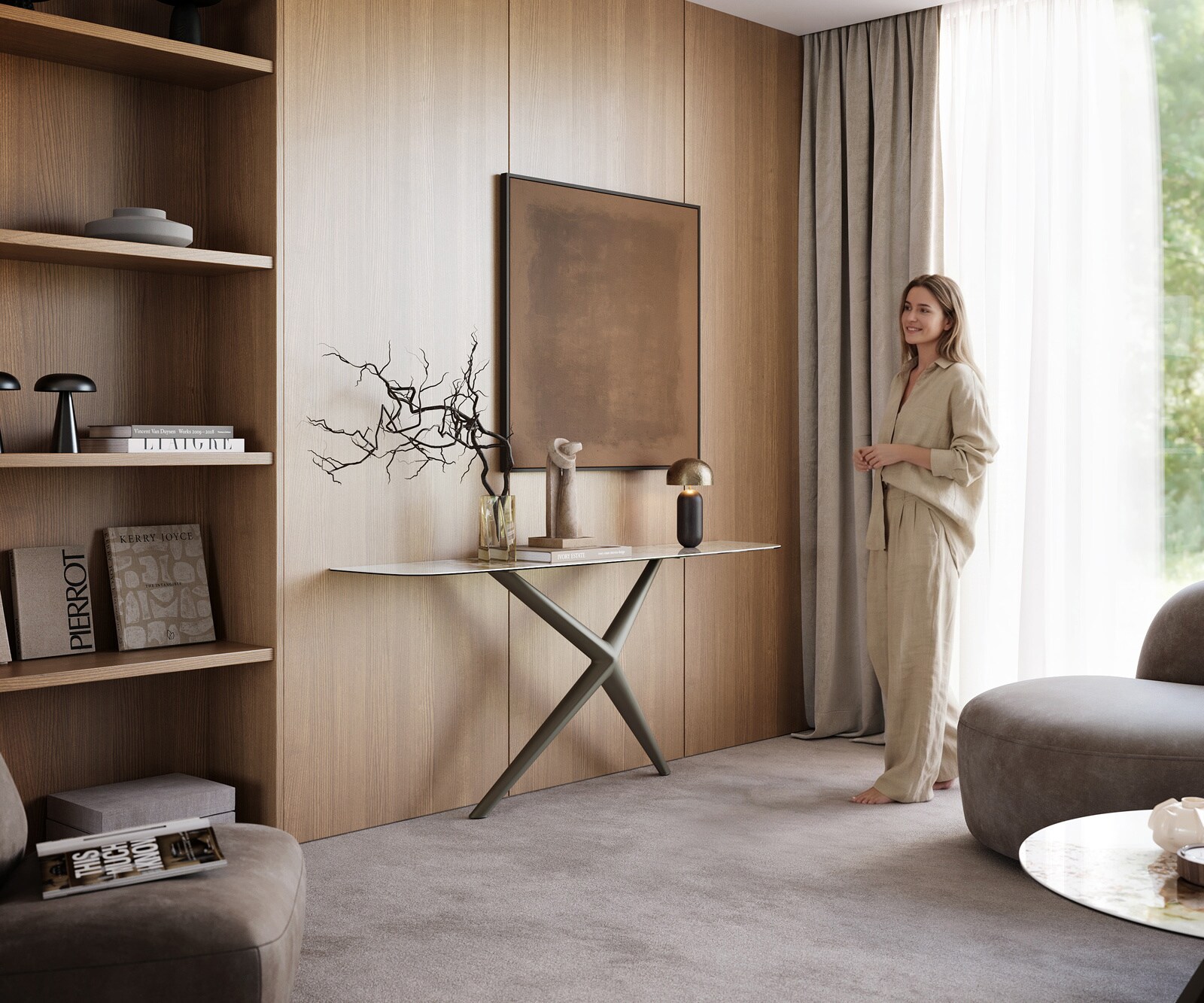 Consoletafel Edge Bootvorm 180x40 cm Keramiek Minas Melange Weiß-Beige Estelo Metaal Effektfinish Titan 7