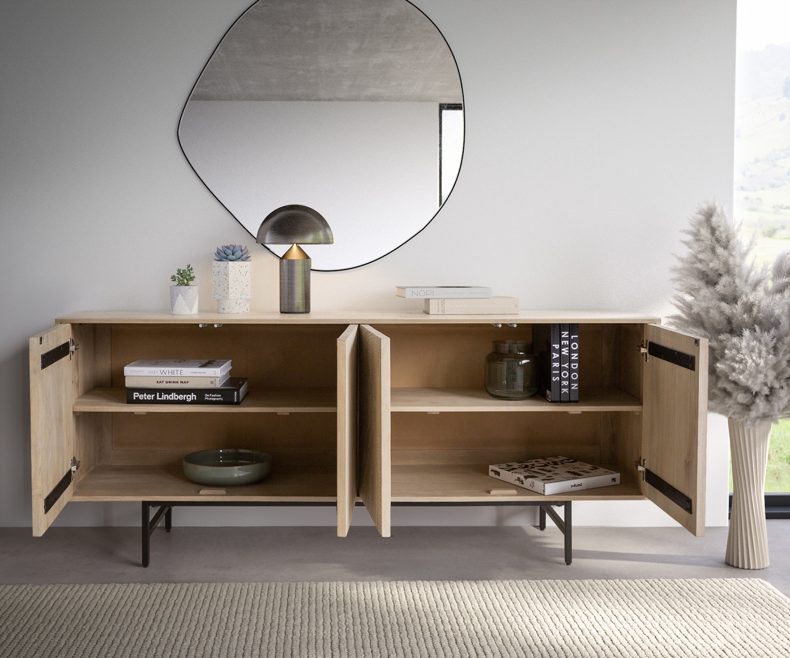 Dressoir Wiara 180 cm Mango White Wash metaal zwart 4 deurs 3 Dressoir Wiara 180 cm Mango White Wash metaal zwart 4 deurs 3