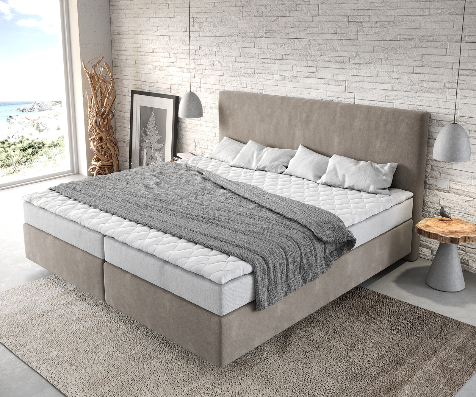 Boxspringbed Dream-Well Microvezel Beige 200x200 cm met Bonell-matras en PU-topper 3 Boxspringbed Dream-Well Microvezel Beige 200x200 cm met Bonell-matras en PU-topper 3