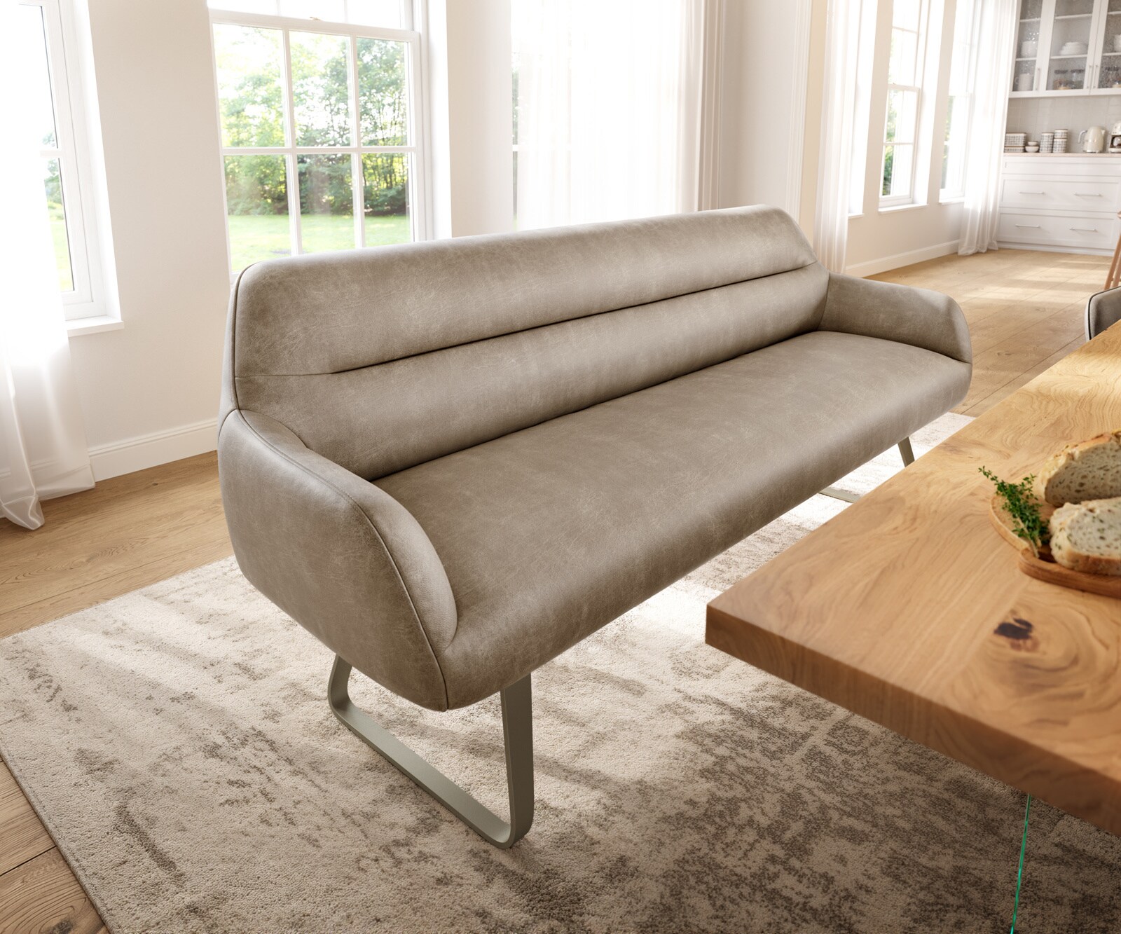 Eetkamerbank Taya-Flex 200 cm microvelours beige vintage platte sledebasis afwerking met titaniumeffect pocketvering