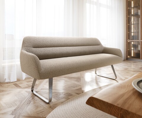 Eetkamerbank Taya-Flex 200 cm bouclé mud platte sledebasis roestvrij staal pocketvering