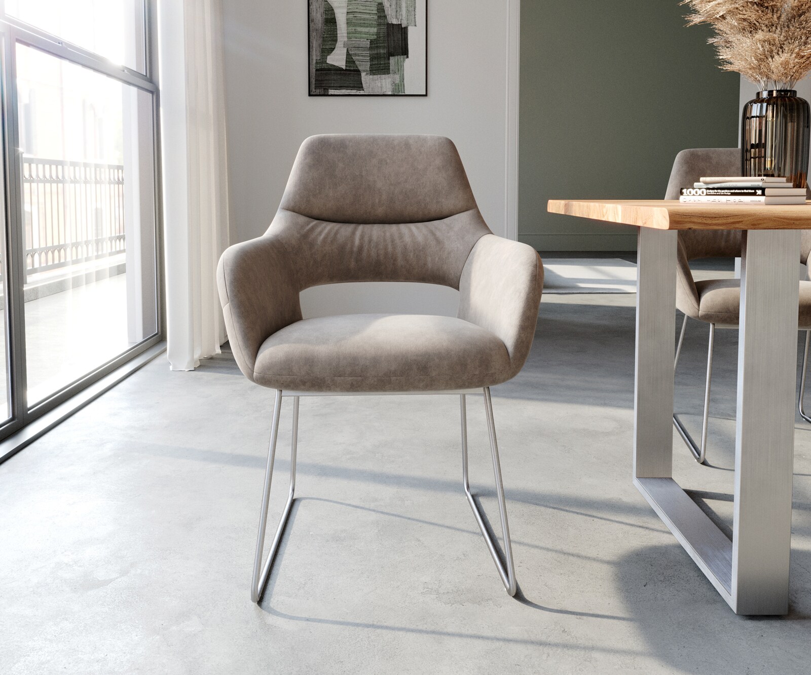 Eetkamerstoel Yago-Flex met armleuning microvelours taupe vintage slipframe roestvrij staal pocketveer kern 2